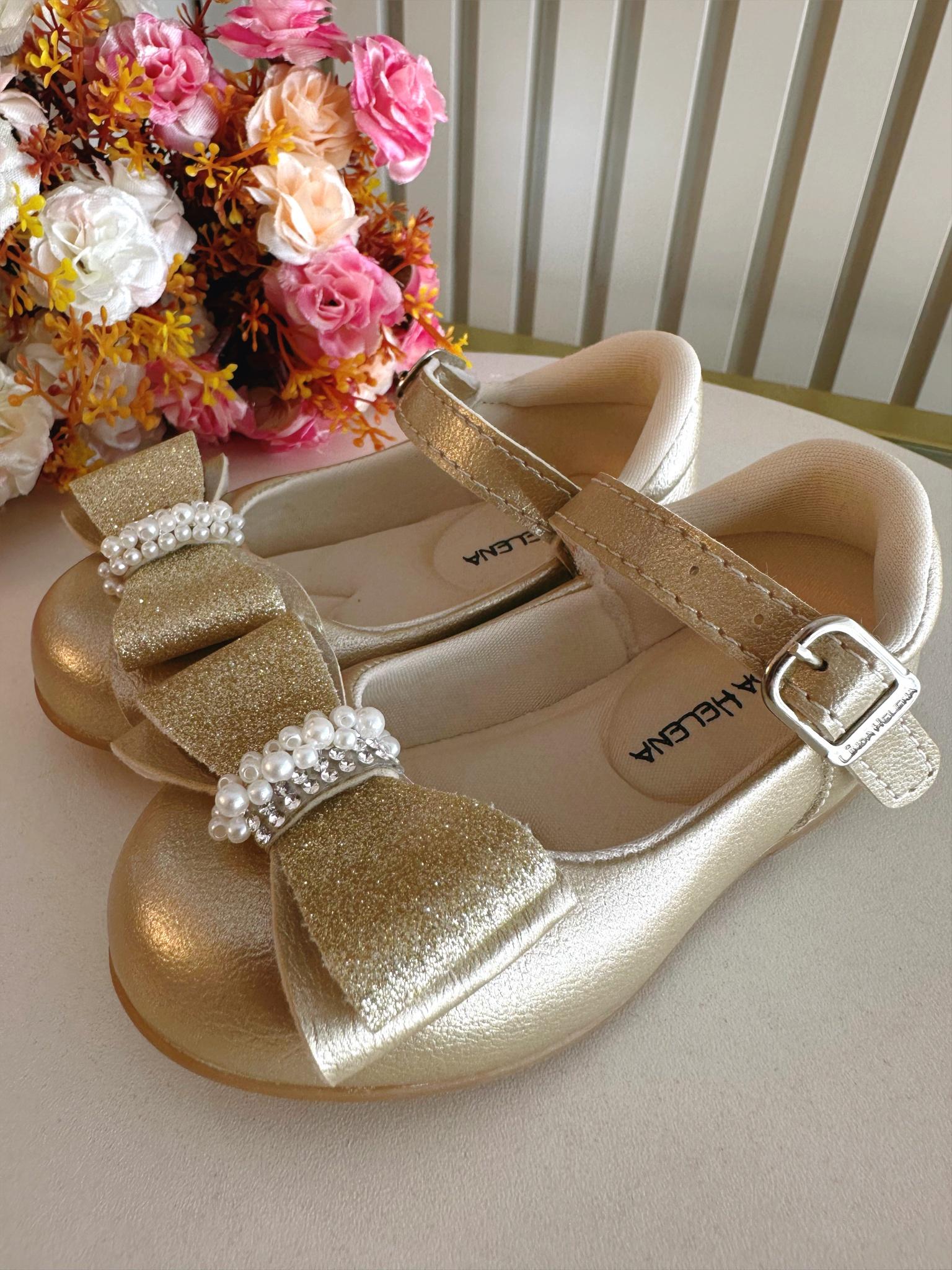 Sapatinho Ouro Com Aplique de Lacinho e Strass Glitter