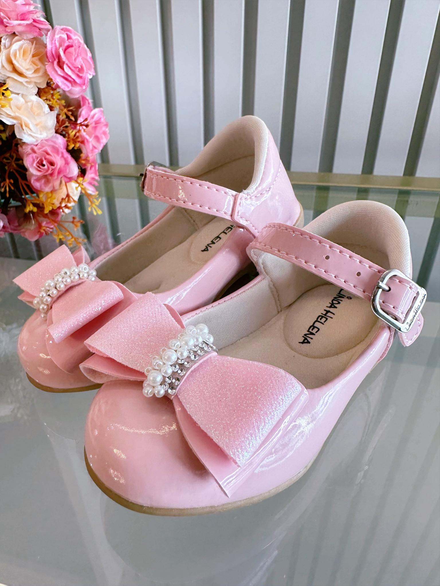 Sapatinho Rosa Verniz Aplique de Lacinho e Strass Glitter
