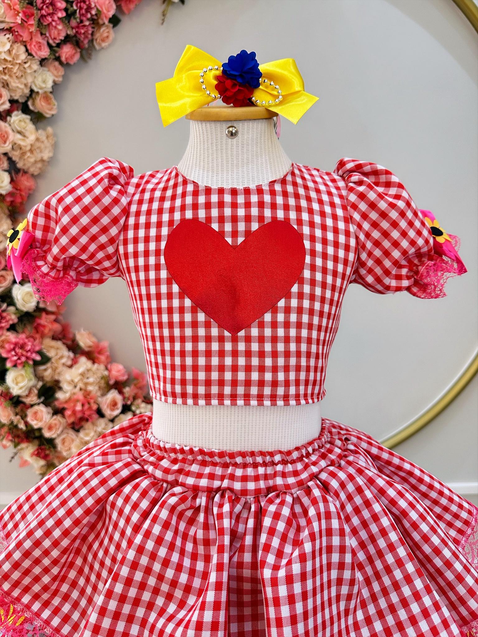 Conjunto Meninas Junino Vermelho Cropped Xadrez C/ Mini Saia