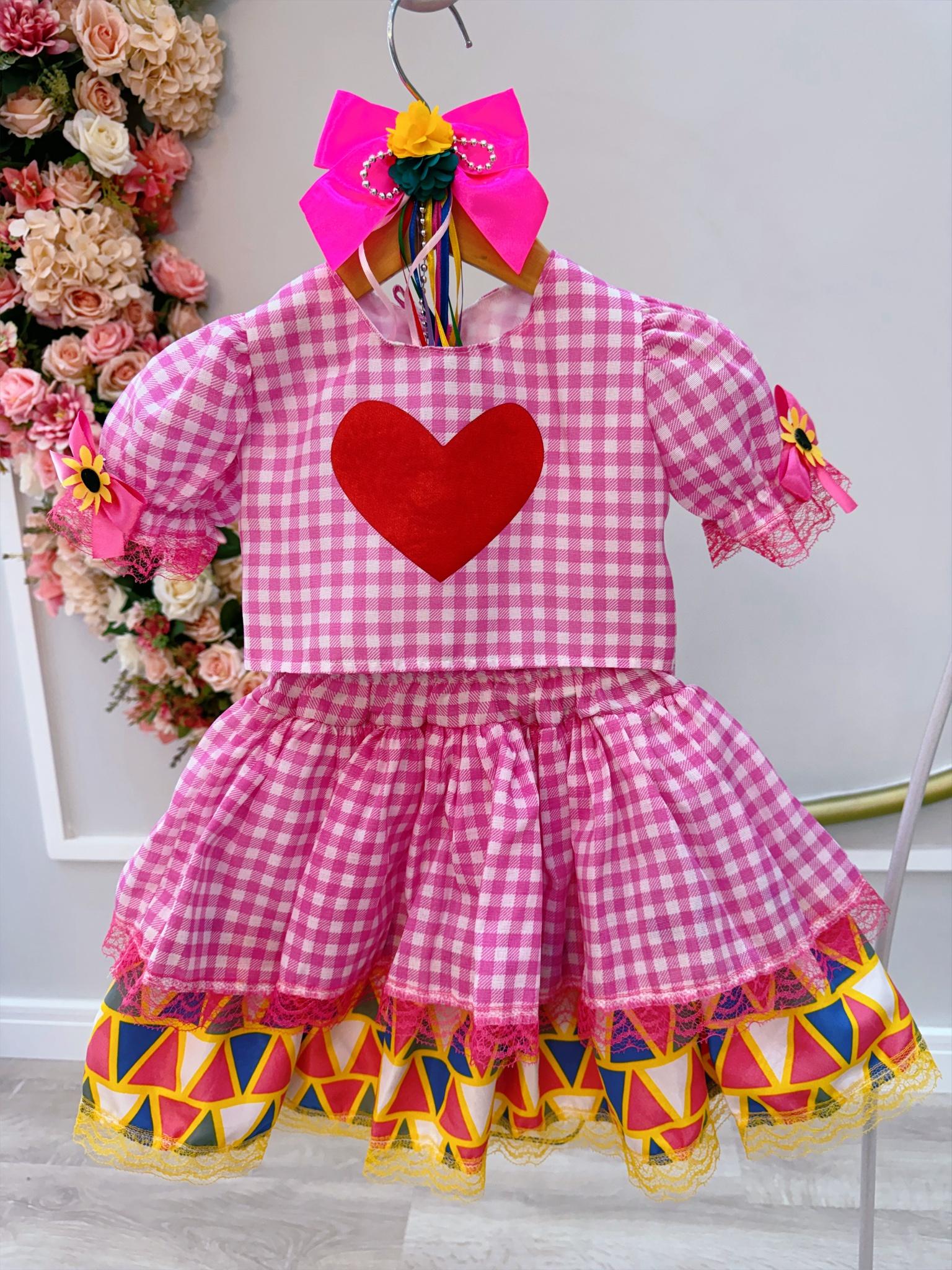 Conjunto Meninas Junino Xadrez Rosa Cropped C/ Mini Saia