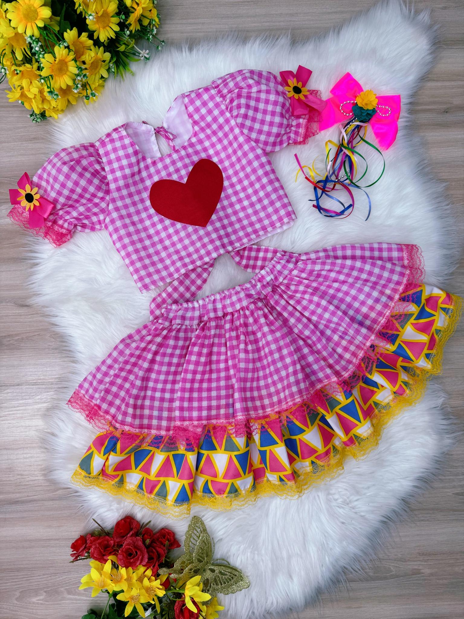 Conjunto Meninas Junino Xadrez Rosa Cropped C/ Mini Saia