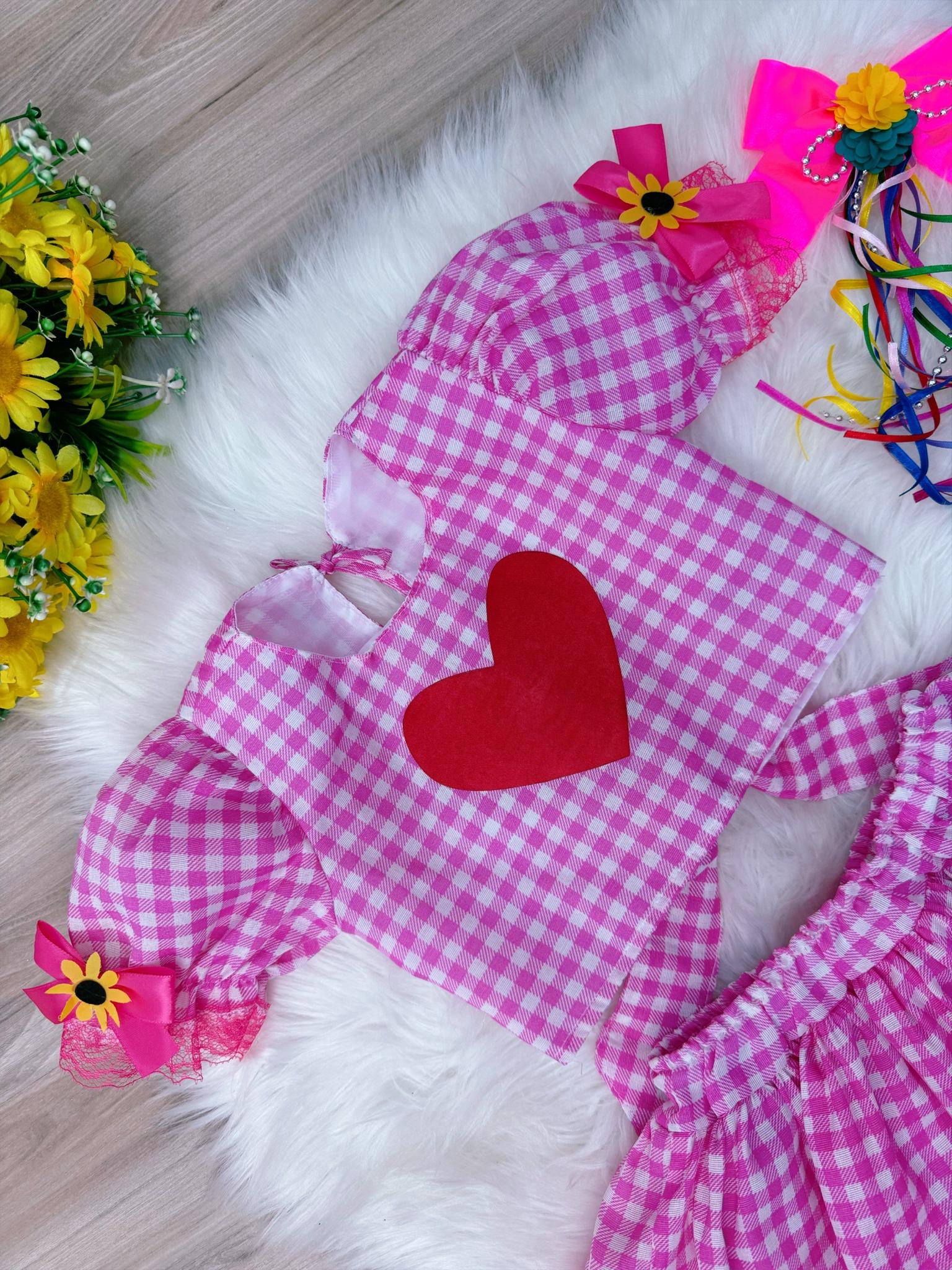 Conjunto Meninas Junino Xadrez Rosa Cropped C/ Mini Saia