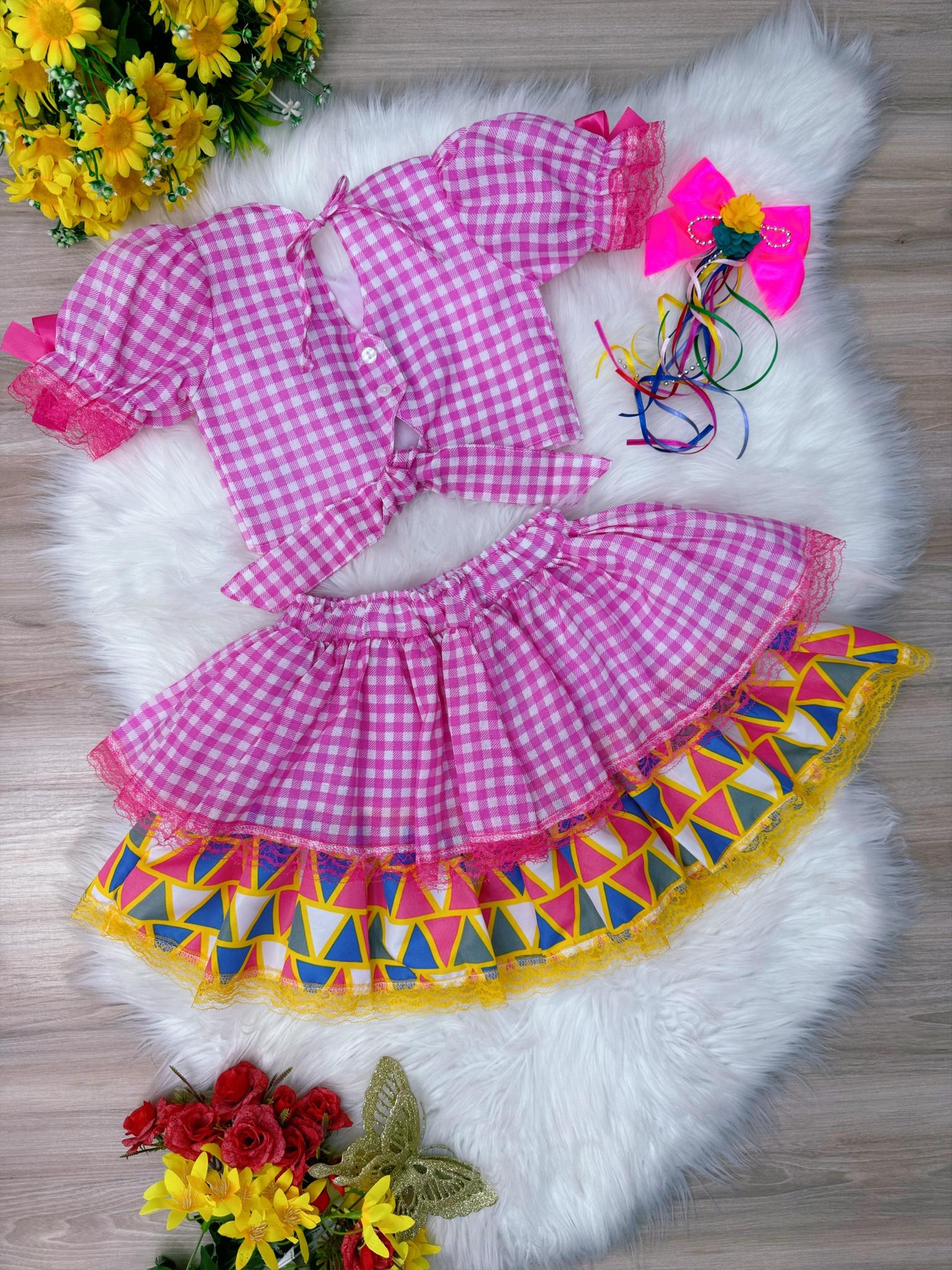 Conjunto Meninas Junino Xadrez Rosa Cropped C/ Mini Saia