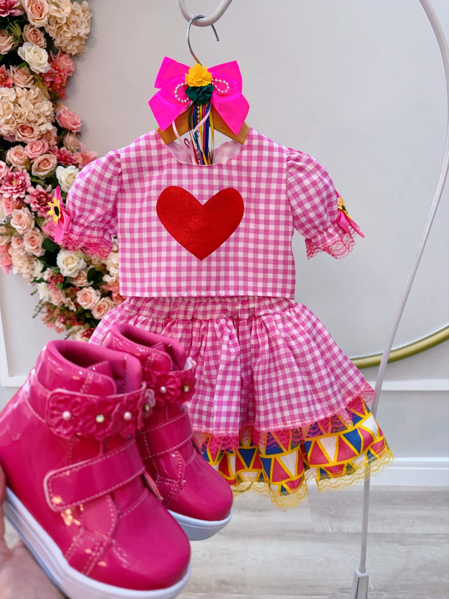 Conjunto Meninas Junino Xadrez Rosa Cropped C/ Mini Saia