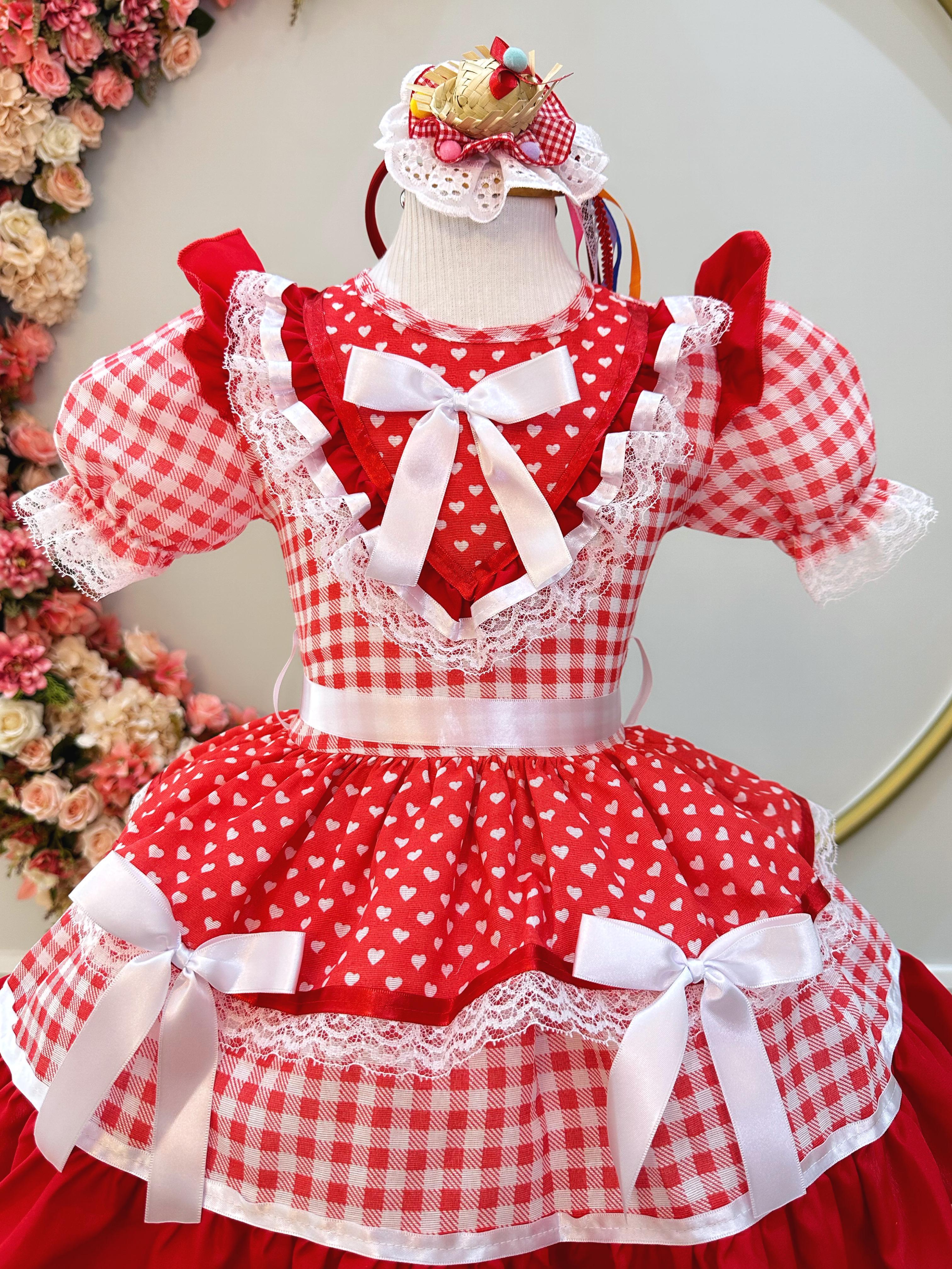 Fantasia Infantil Junino Vermelho Xadrez C/ Babados Luxo