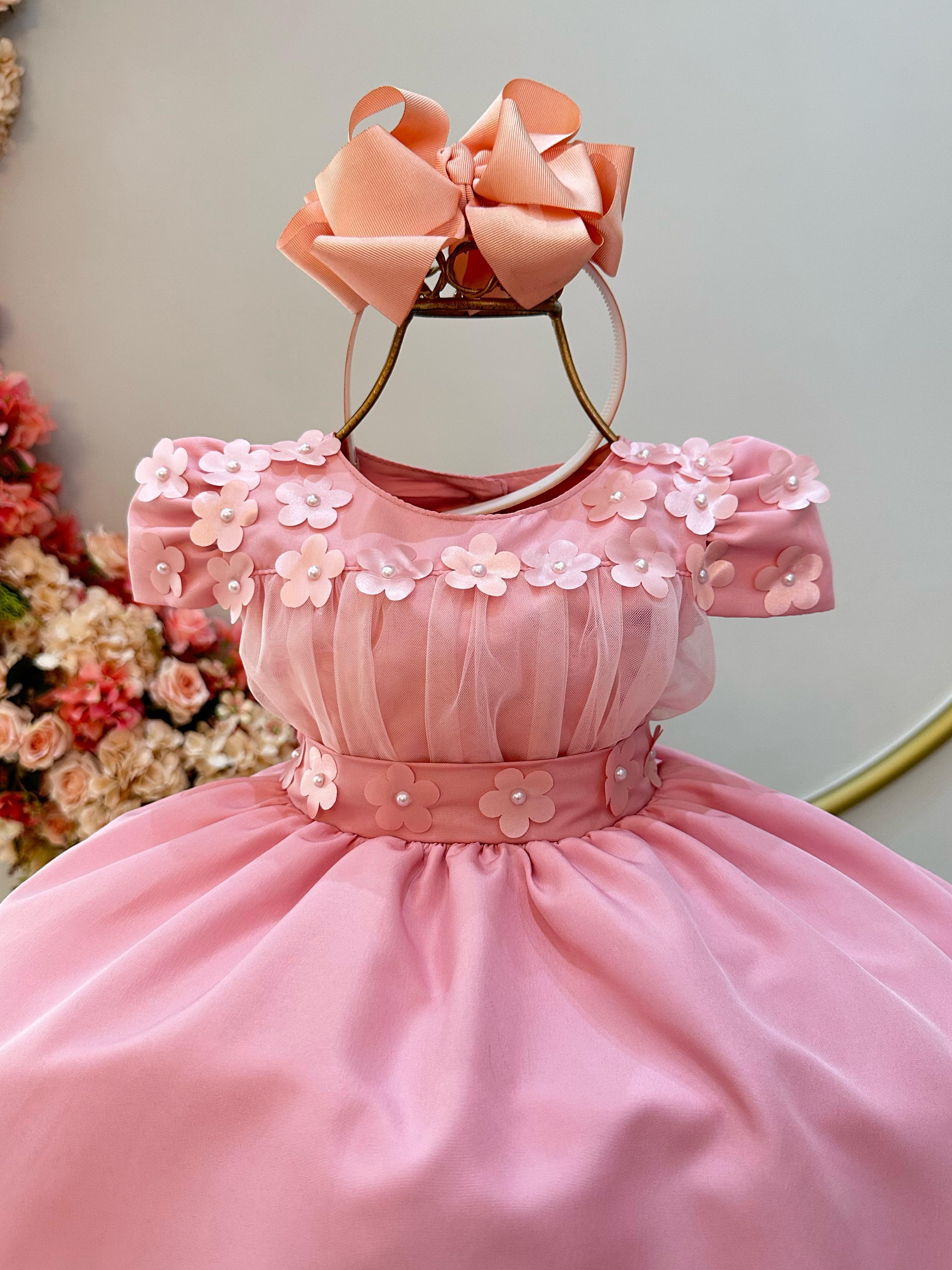 Vestido Infantil Rose C/ Busto Tule e Aplique de Flores