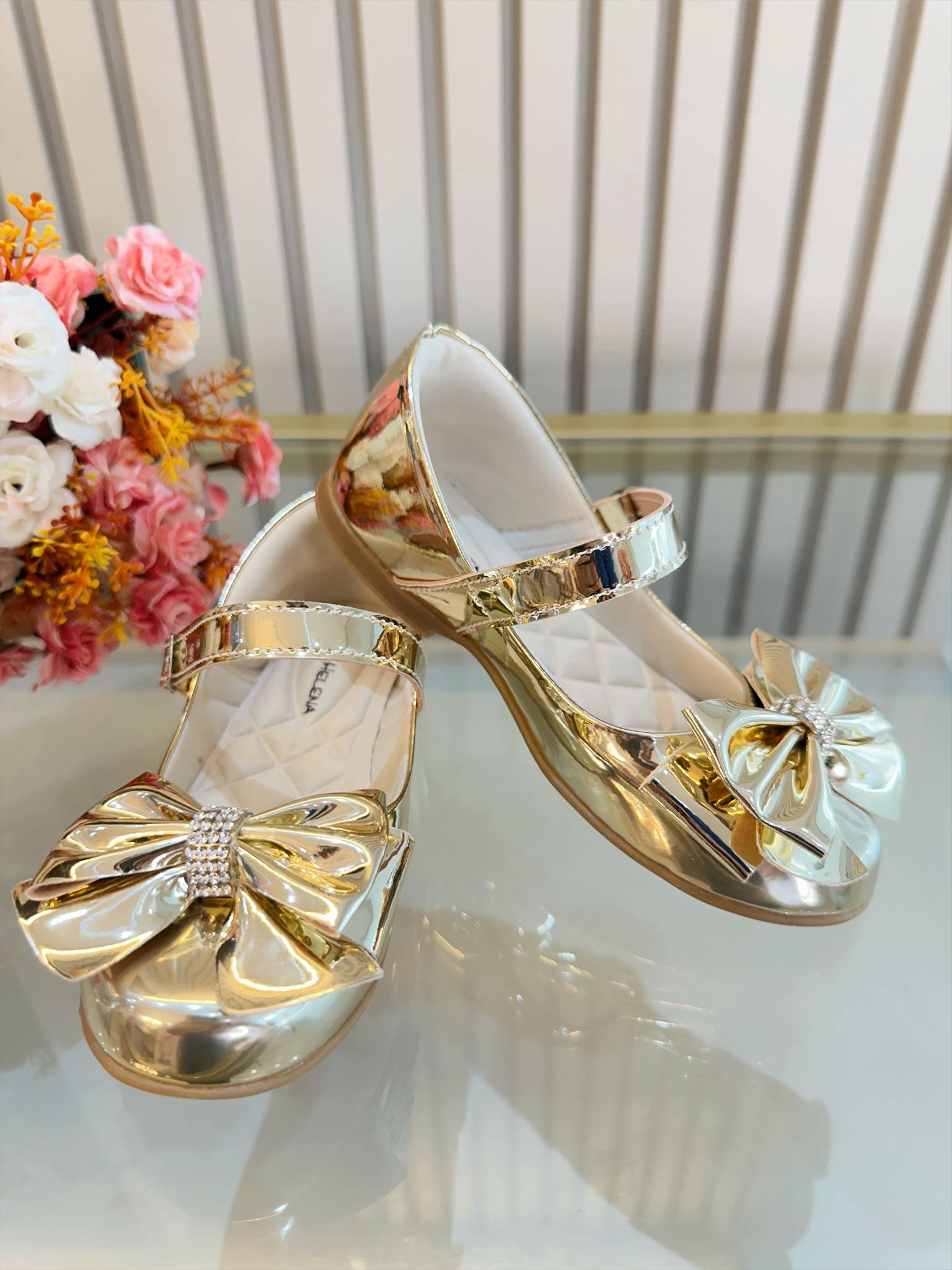 Sapatinho Dourado Metalizado Luxo Com Lacinho e Strass