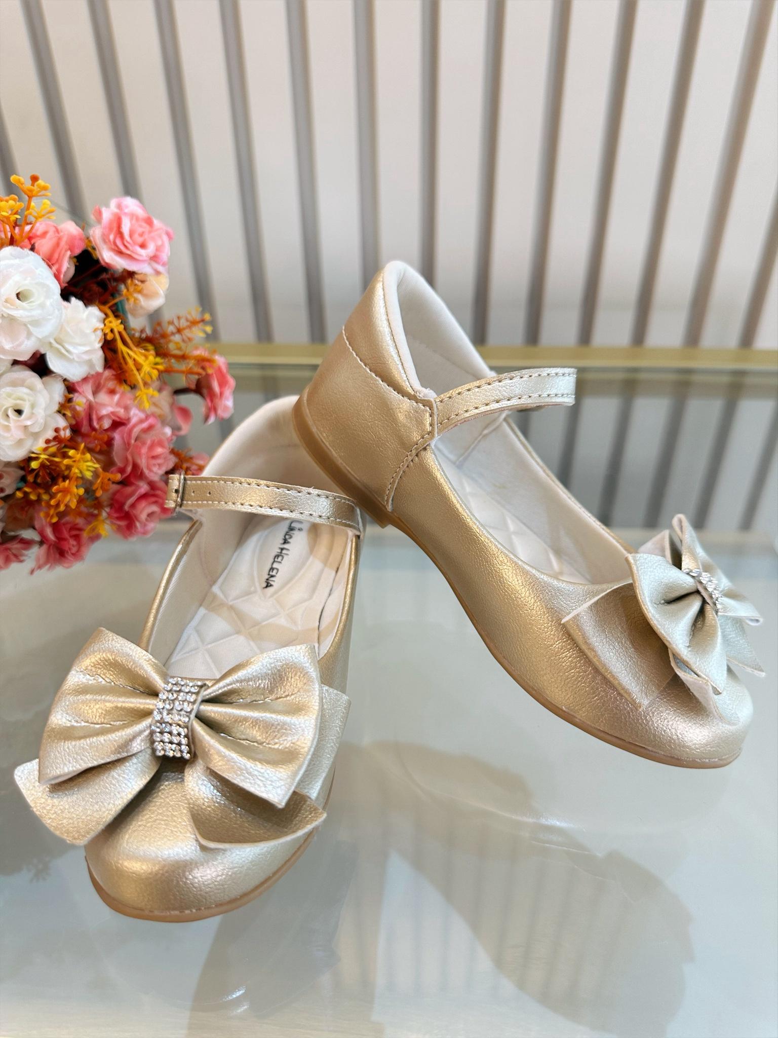 Sapatinho Dourado Luxo Com Lacinho e Strass