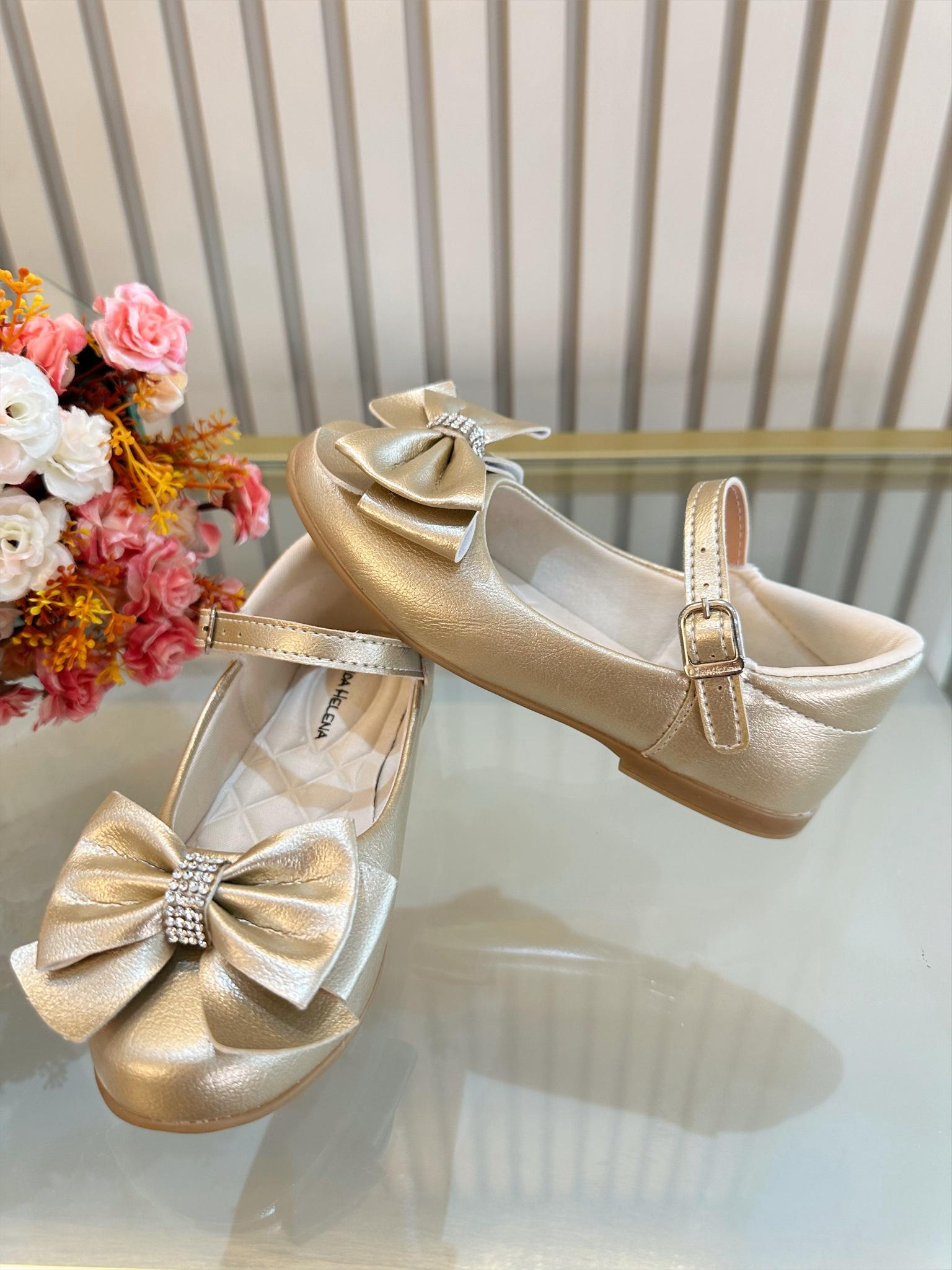 Sapatinho Dourado Luxo Com Lacinho e Strass