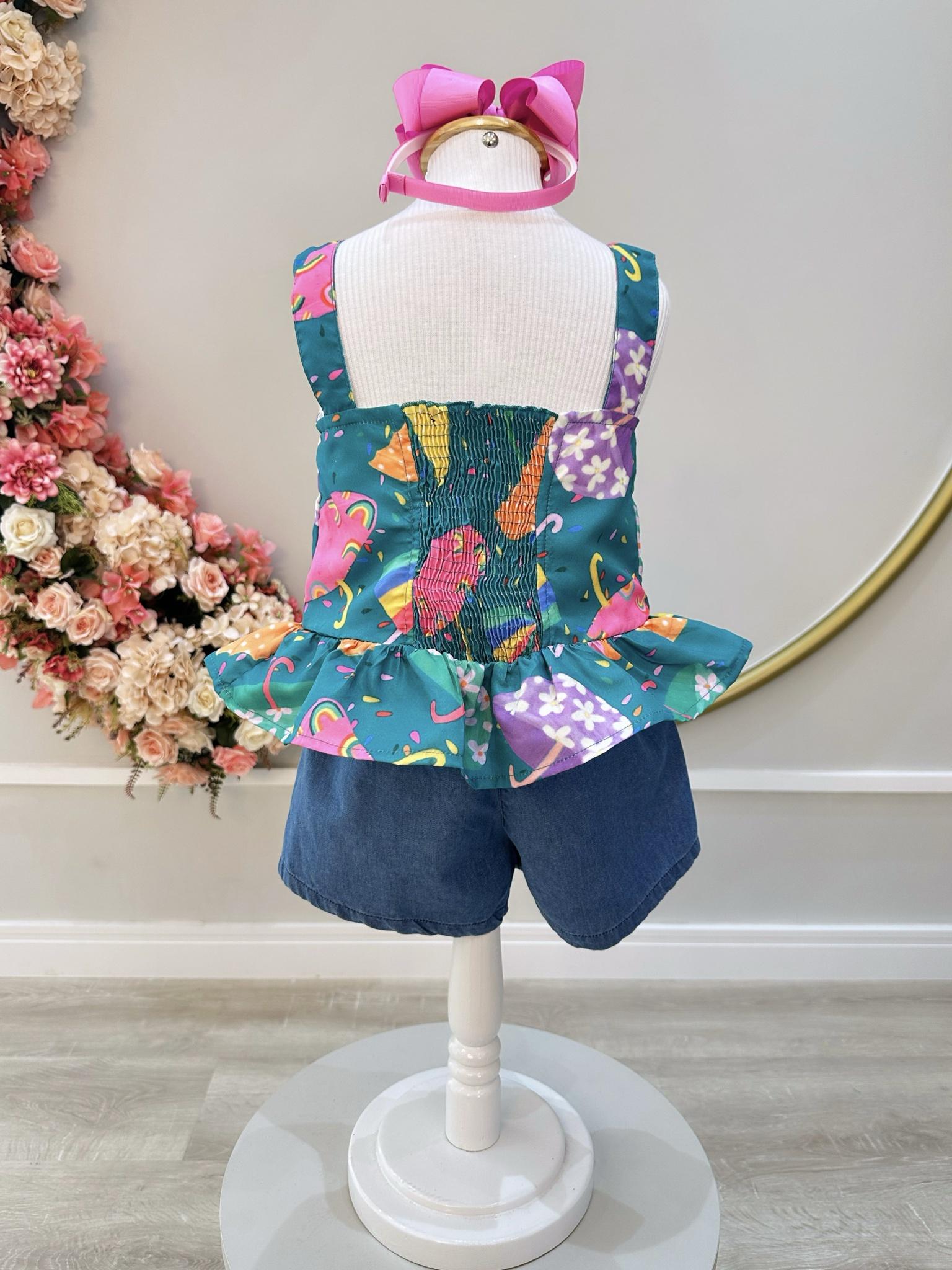Conjunto Meninas Verde Colorido C/ Short Jeans e Pulseira