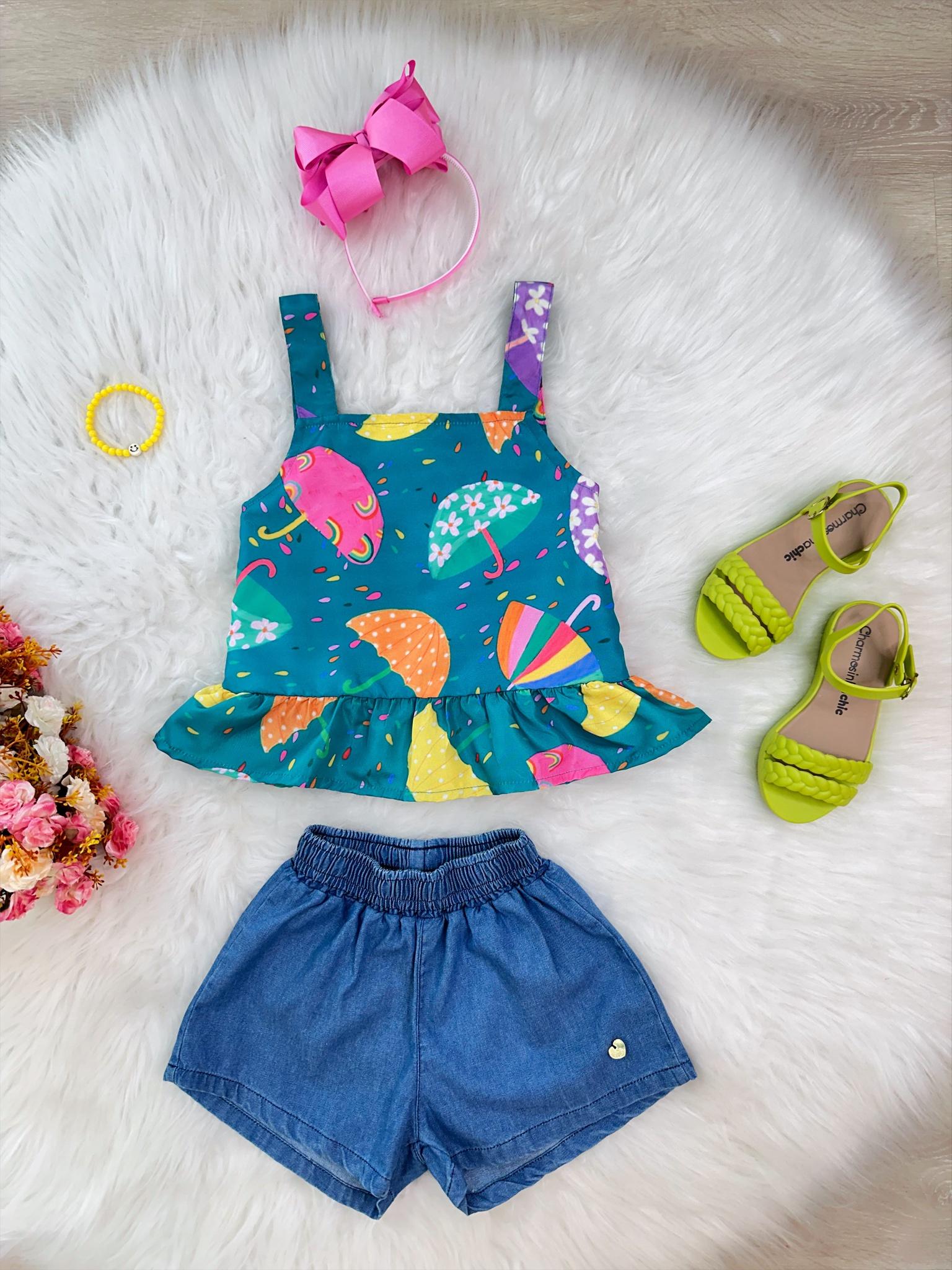 Conjunto Meninas Verde Colorido C/ Short Jeans e Pulseira