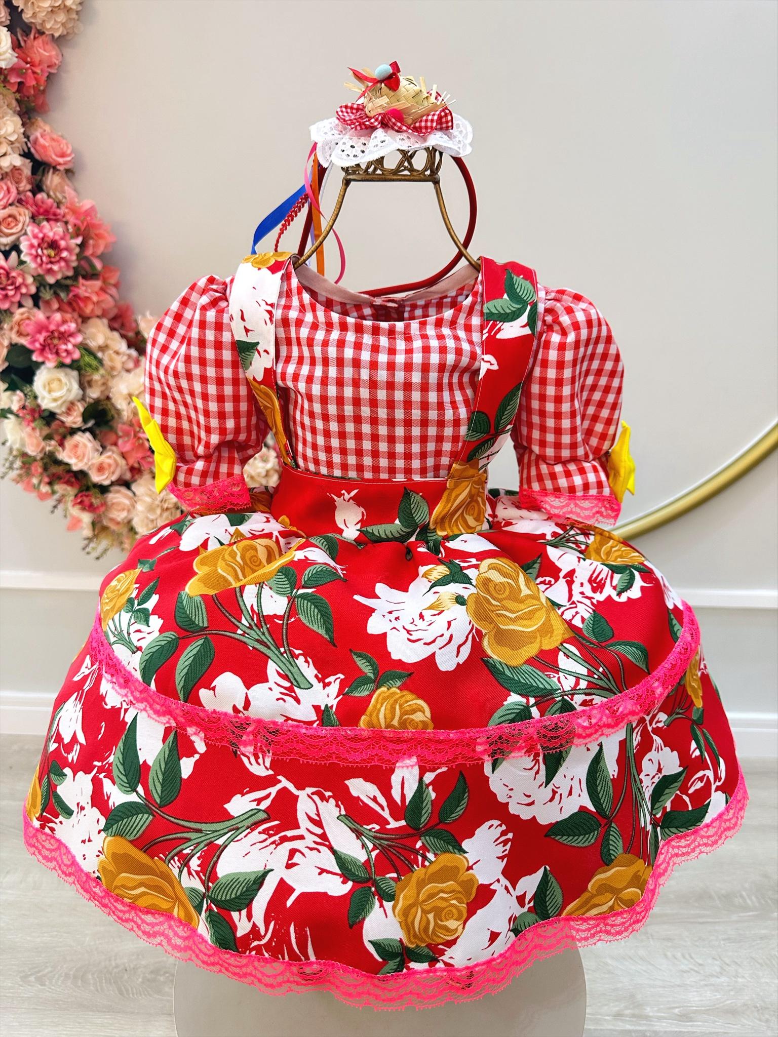 Conjunto Infantil Junino Vermelho Xadrez Florido Festas