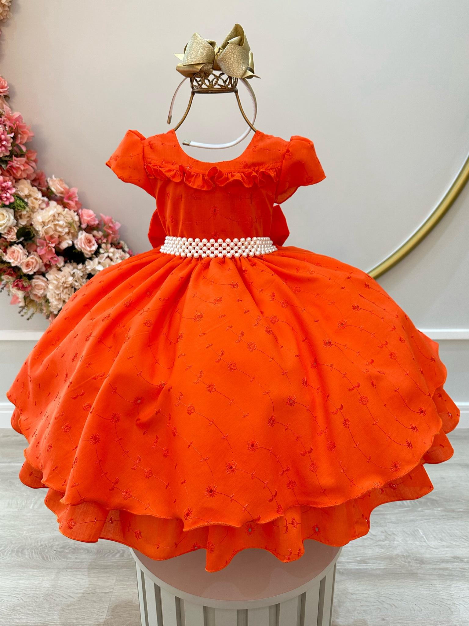 Vestido Infantil Laranja Laise C/ Babados e Pérolas