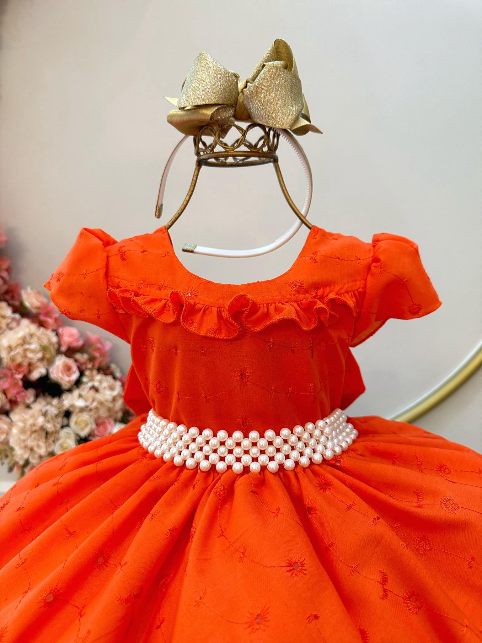 Vestido Infantil Laranja Laise C/ Babados e Pérolas