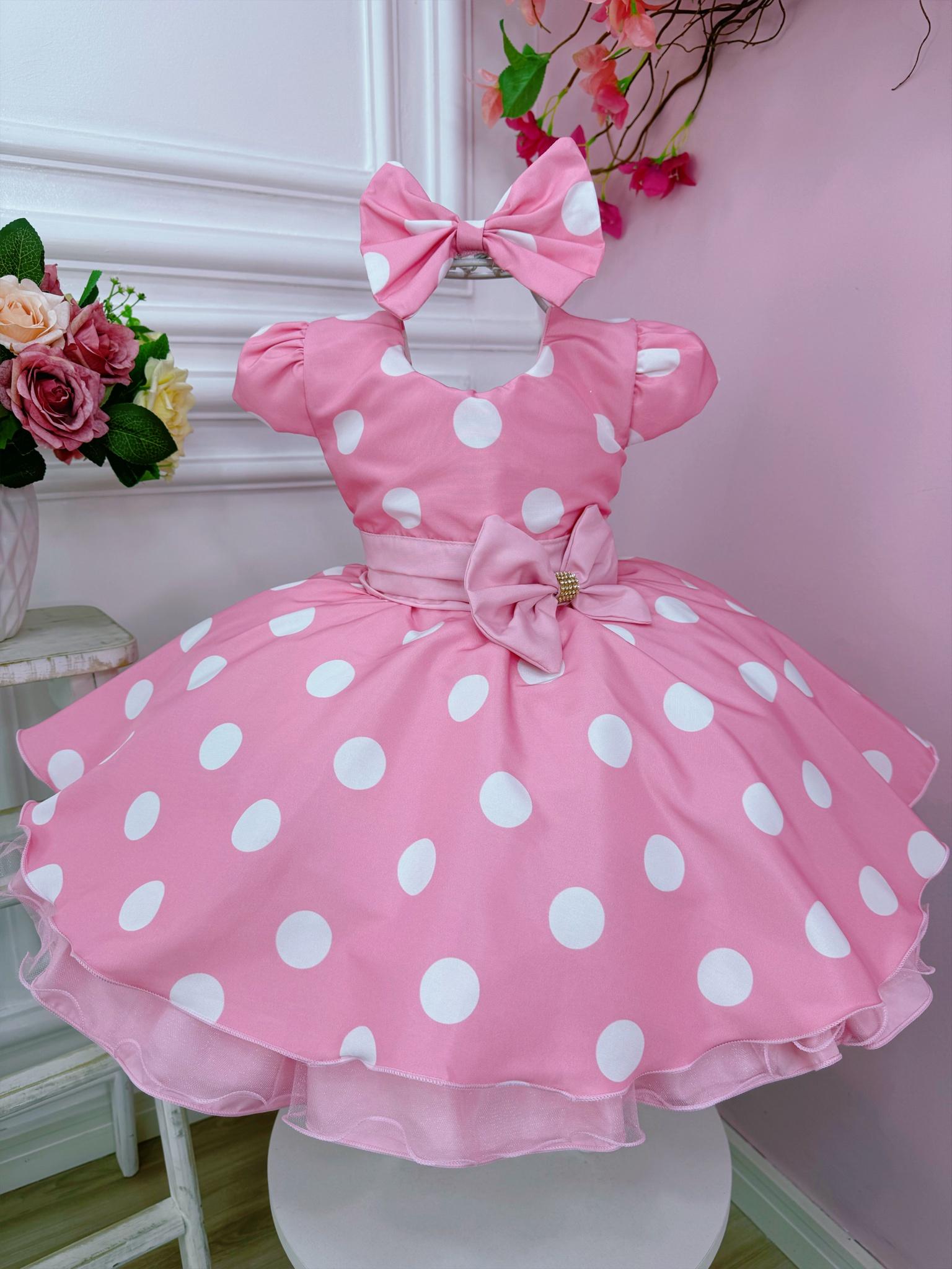 Vestido Infantil festa Minnie Rosa Bolinhas Brancas C/ Laço