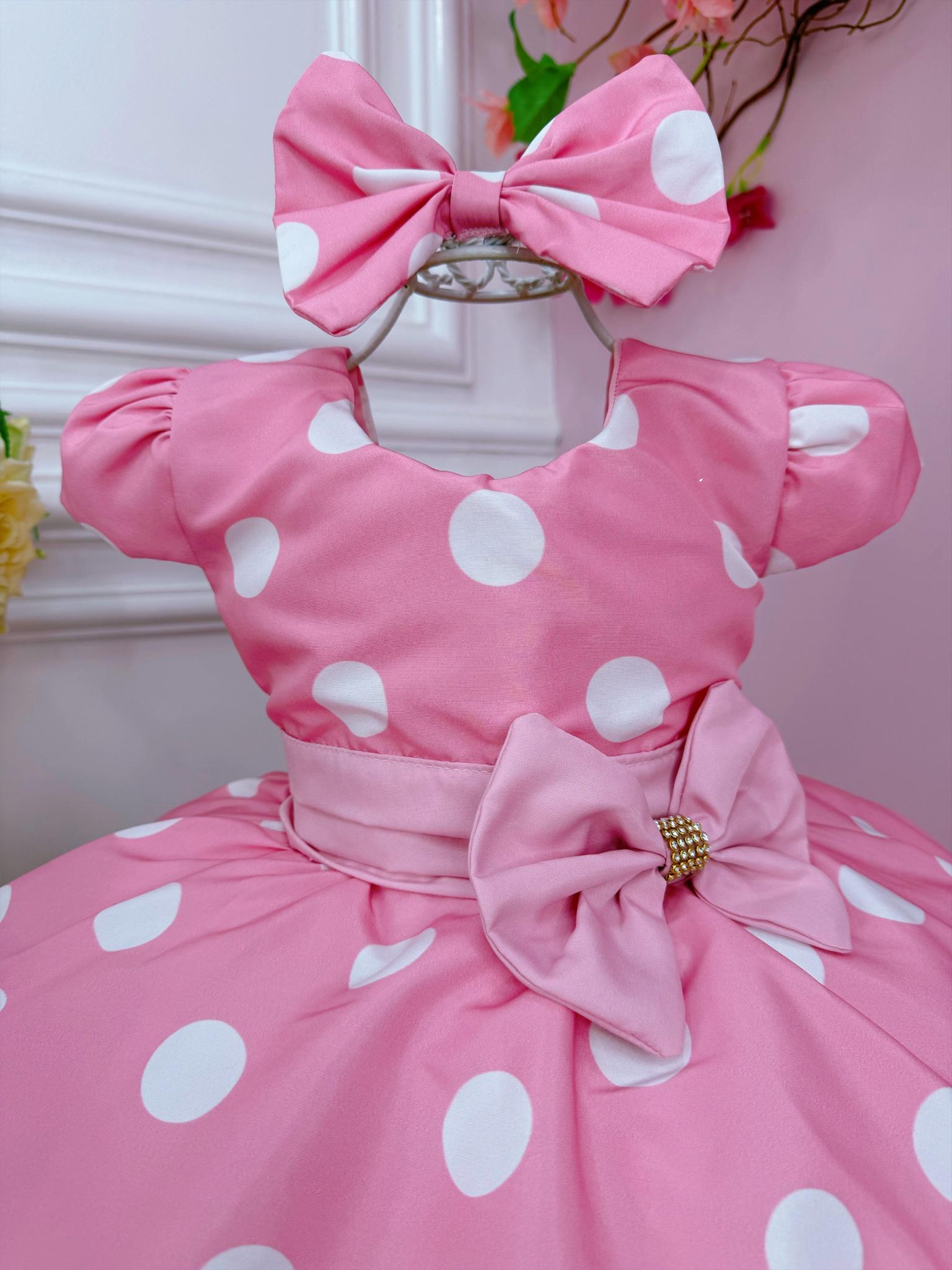 Vestido Infantil festa Minnie Rosa Bolinhas Brancas C/ Laço