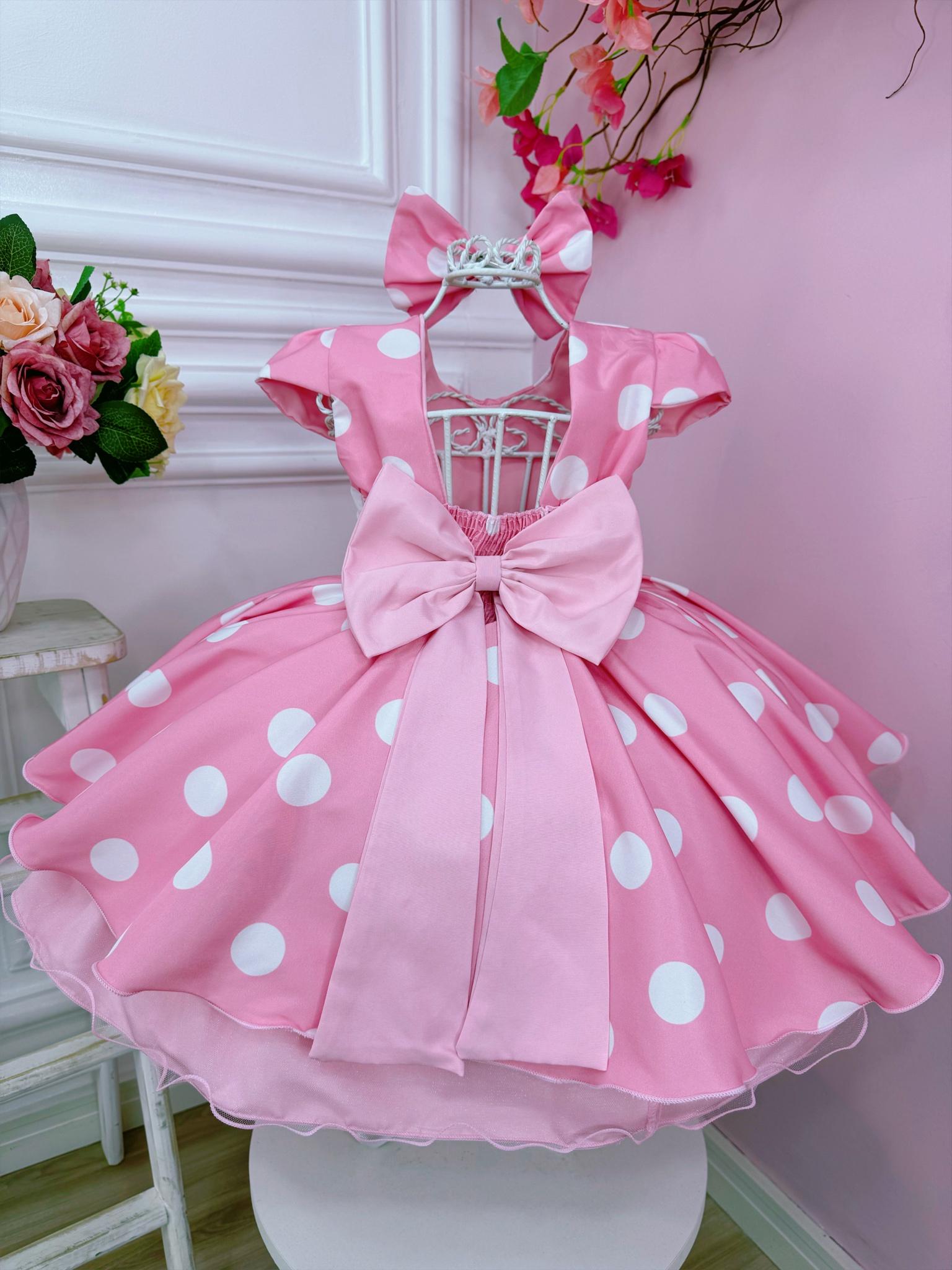 Vestido Infantil festa Minnie Rosa Bolinhas Brancas C/ Laço