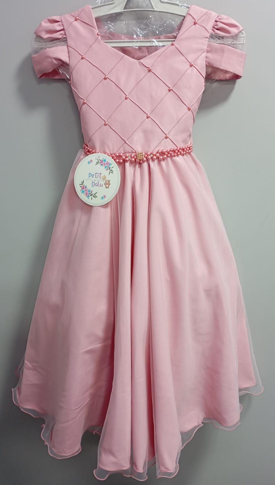 Vestido Infantil Rose C/ Busto Nervura Cinto Pérolas Damas