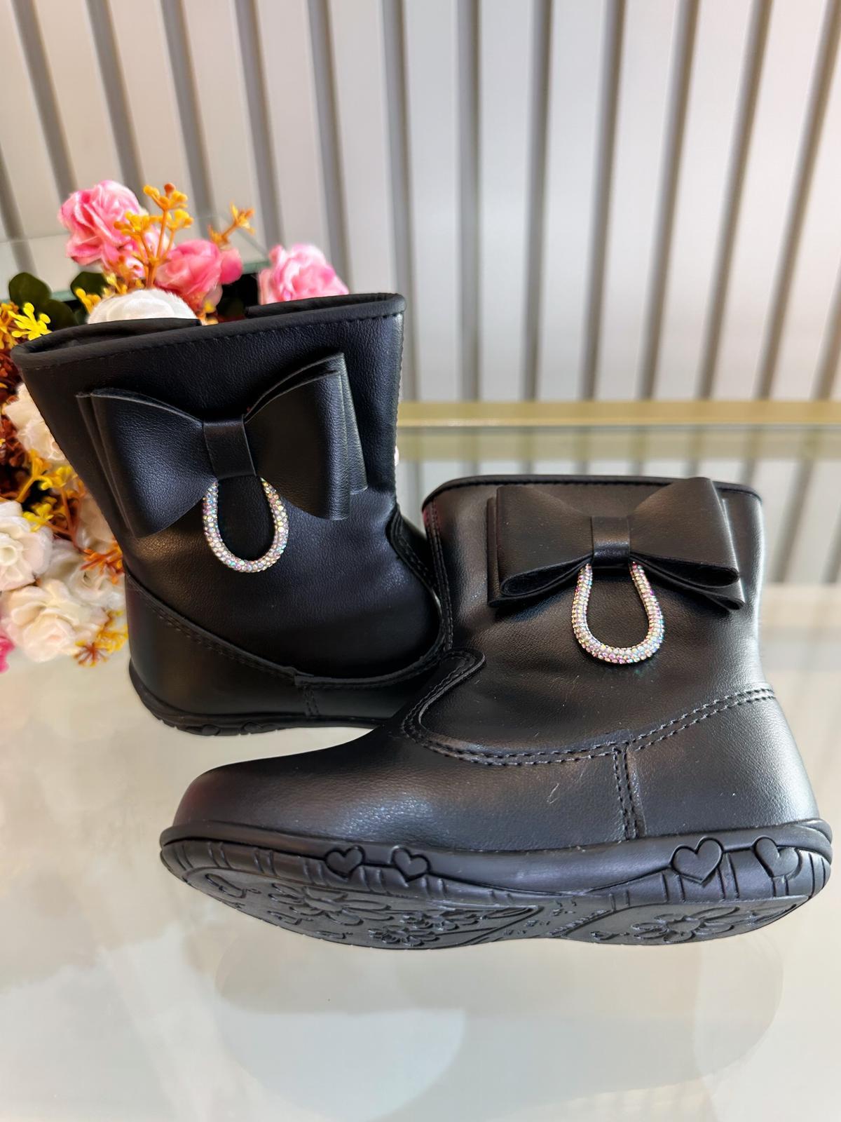 Botinha Infantil Preto Fosco Com Lacinho Strass e Zíper