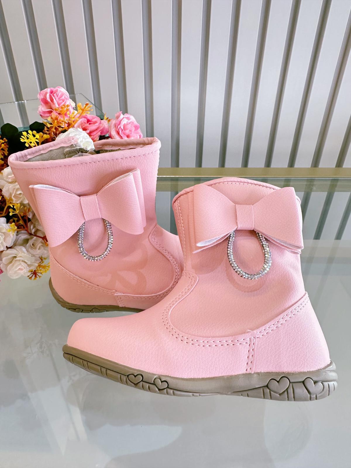 Botinha Infantil Rosa Fosco Com Lacinho Strass e Zíper