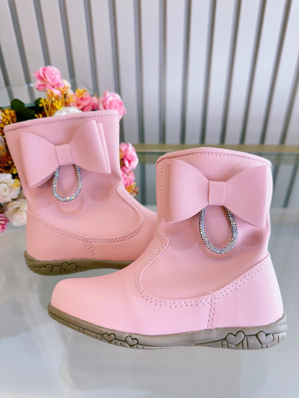 Botinha Infantil Rosa Fosco Com Lacinho Strass e Zíper