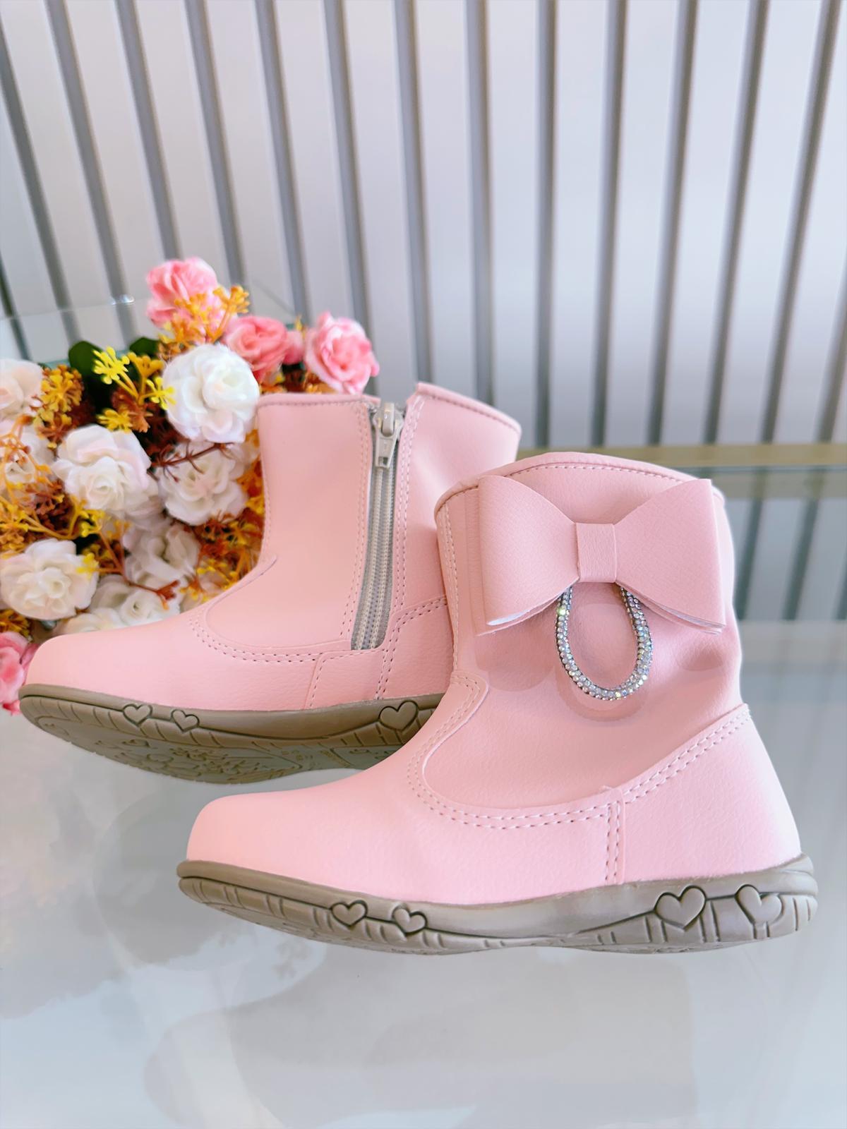 Botinha Infantil Rosa Fosco Com Lacinho Strass e Zíper