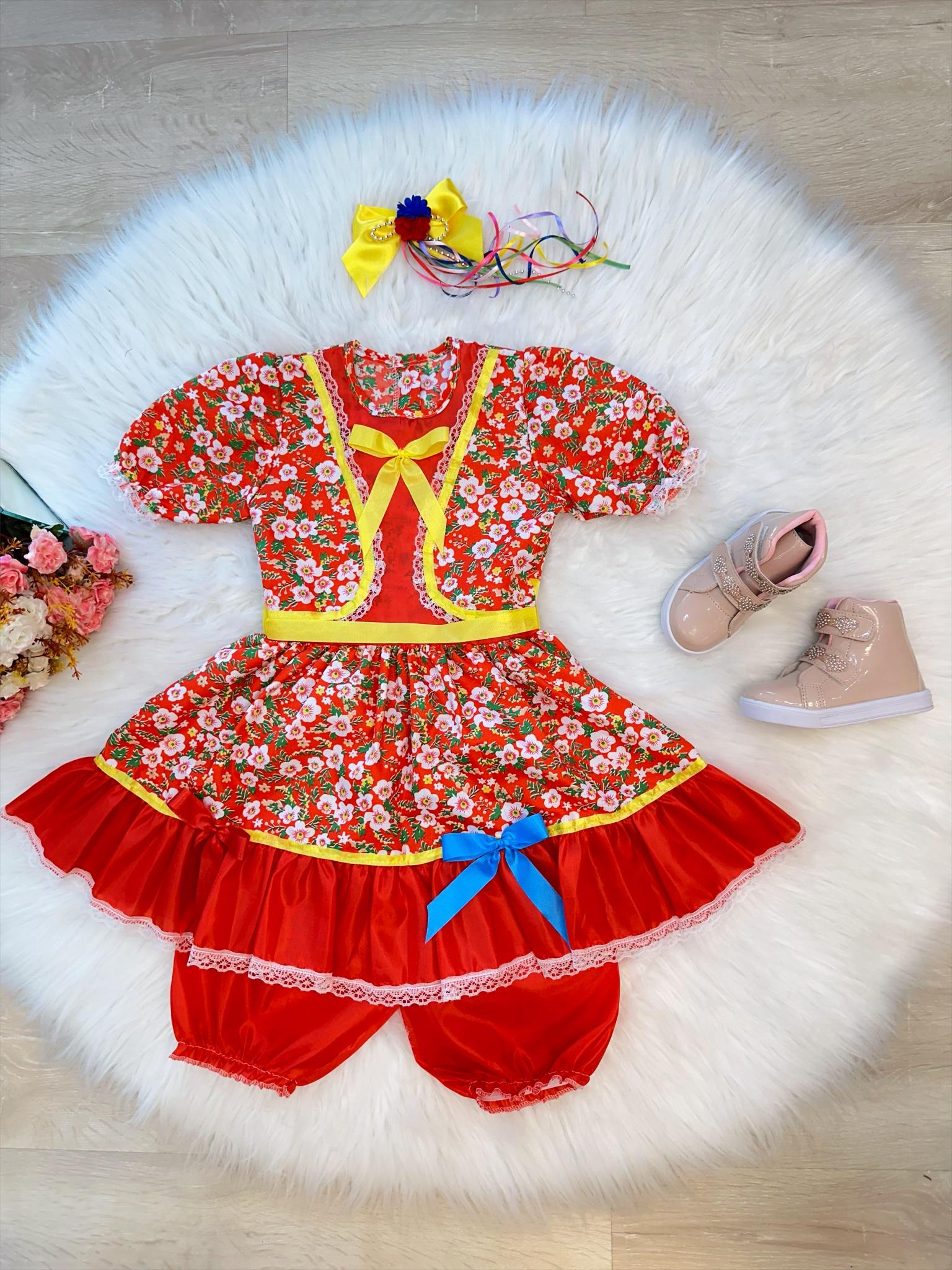 Fantasia Infantil Junino Folia Vermelho Com Estampa Colorido
