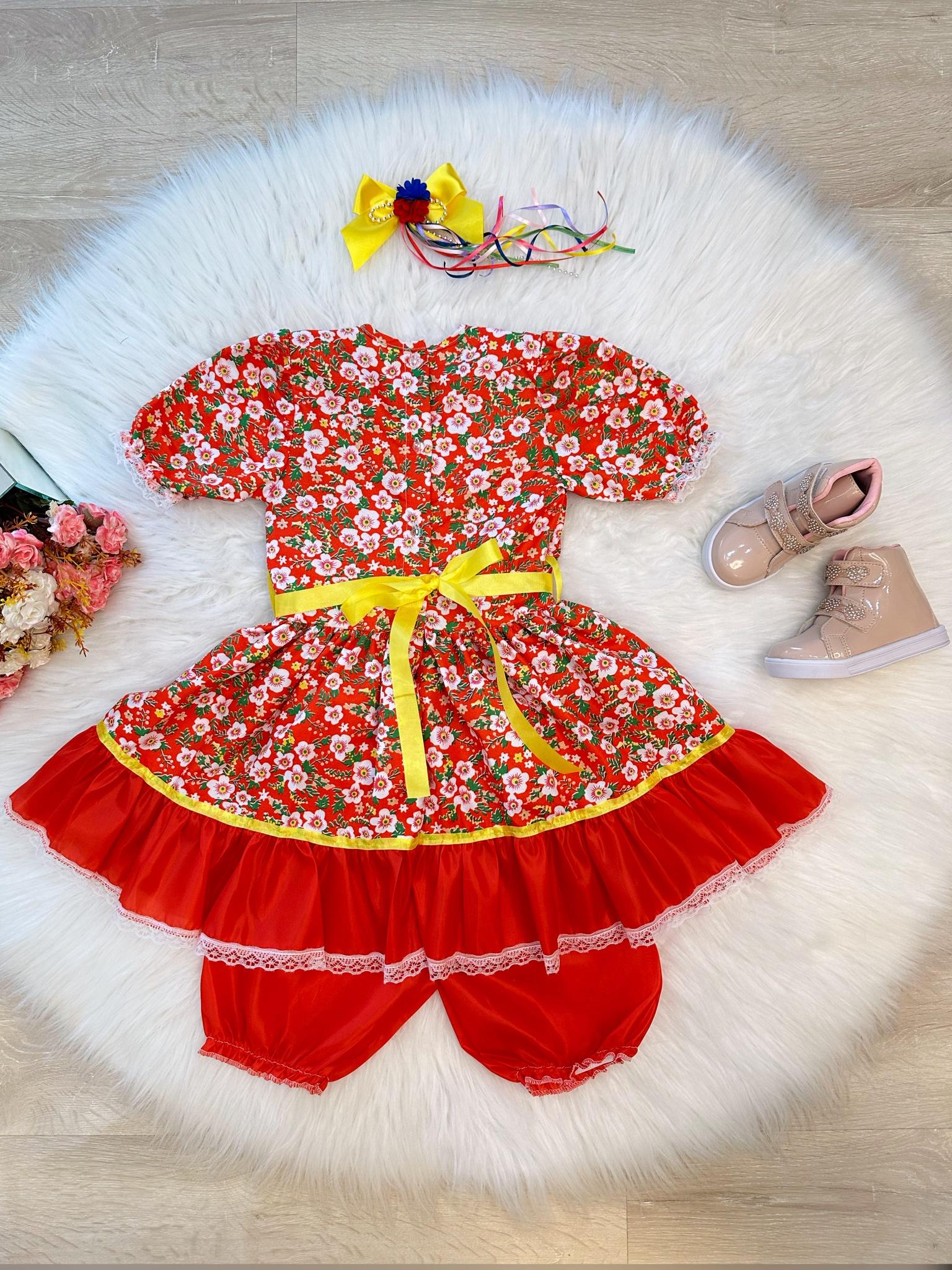 Fantasia Infantil Junino Folia Vermelho Com Estampa Colorido
