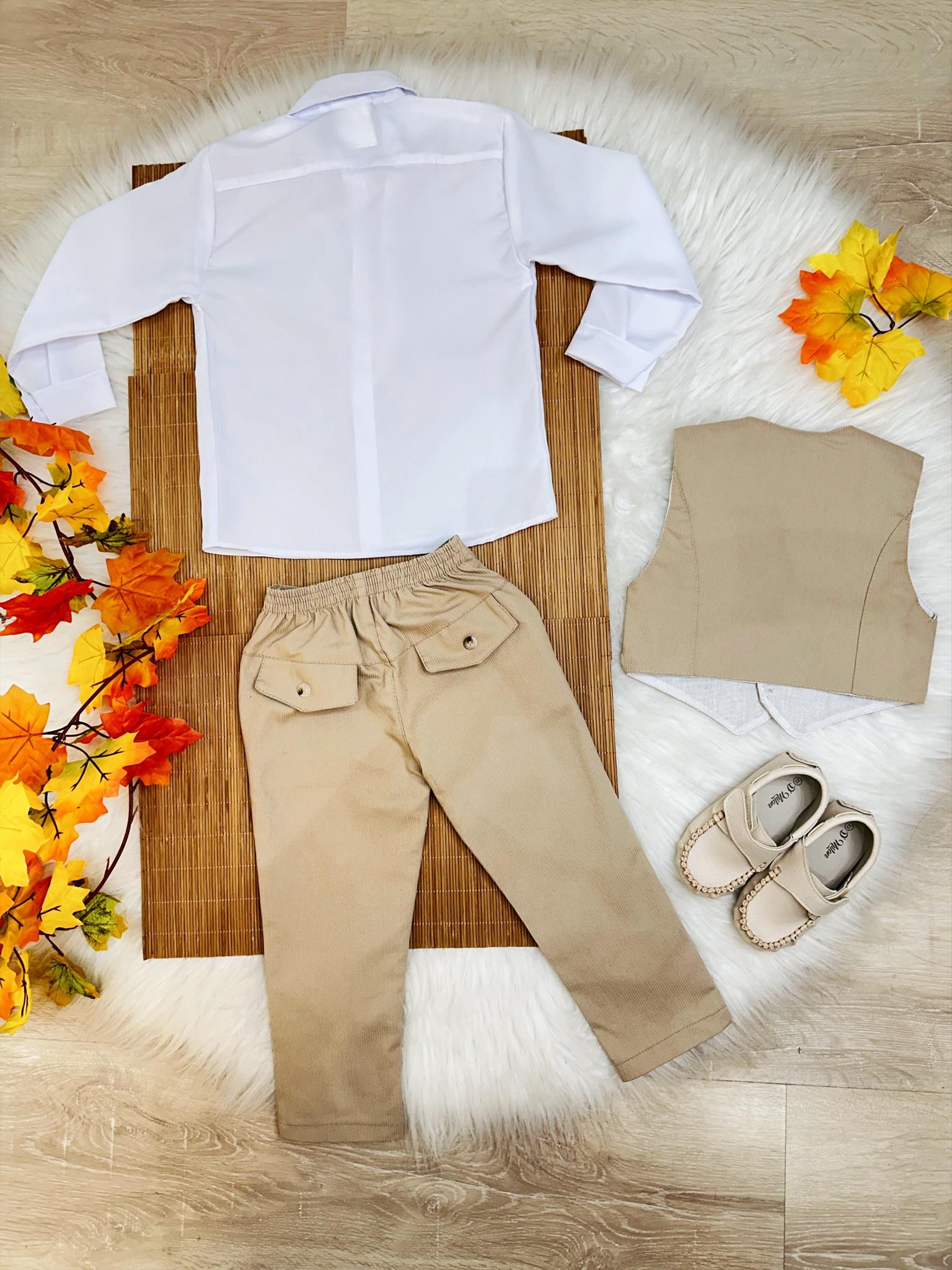Conjunto Social Colete Calça Gravata Caqui e Camisa Branca