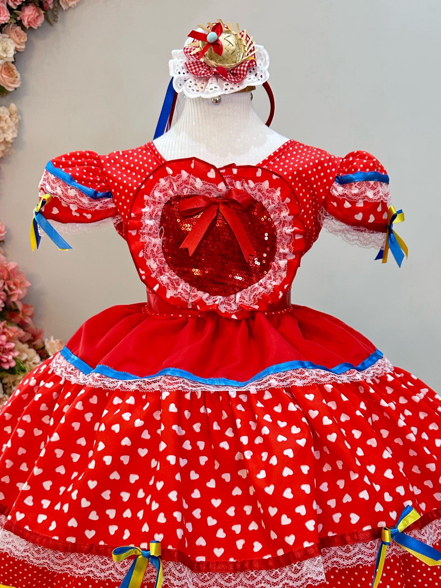 Fantasia Infantil Junino Vermelho Desenho Coraçõezinhos Folia