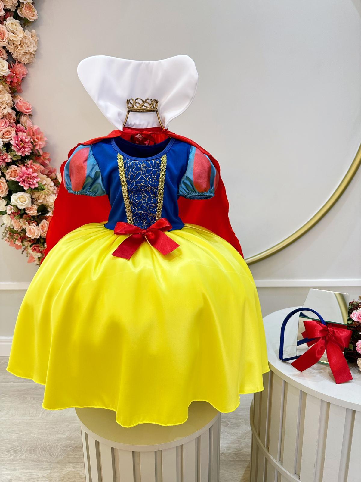 Vestido Fantasia Infantil Branca de Neve Amarelo Capa Tiara