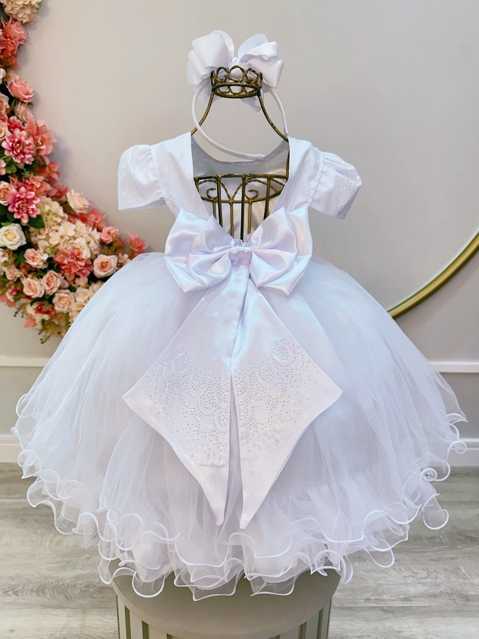 Vestido Infantil Branco Strass Damas Luxo Mangas