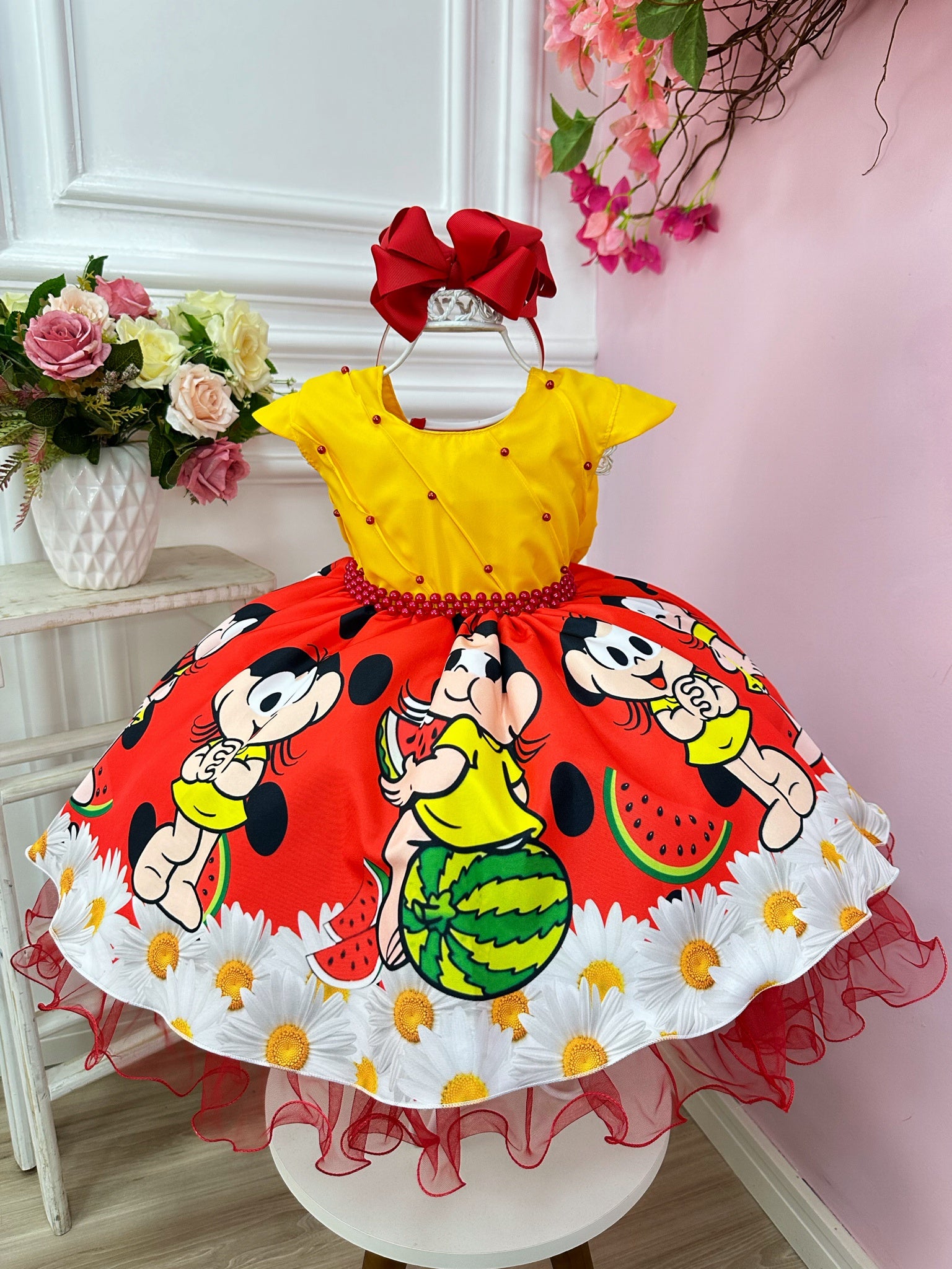 Vestido Infantil Magali Amarelo Busto C/ Pérolas Festas