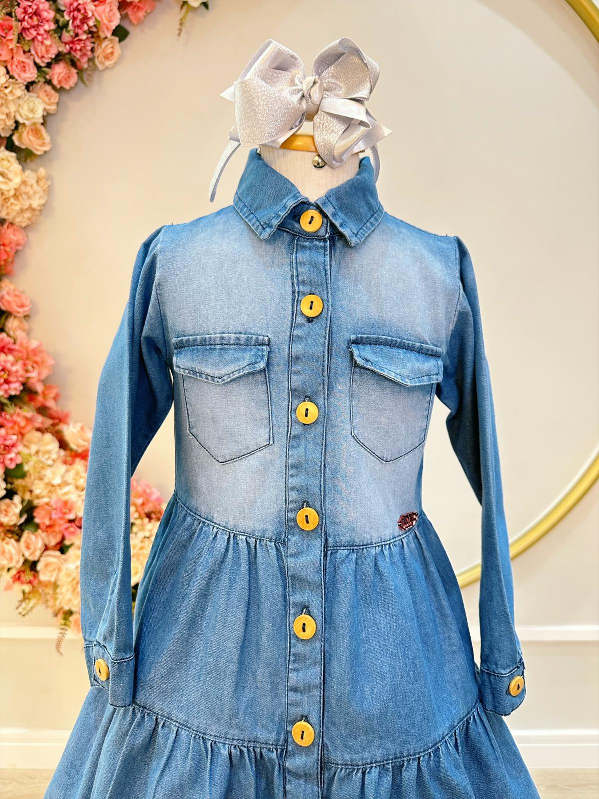 Vestido infantil Jeans Azul Com Bolsos Casual Luxo