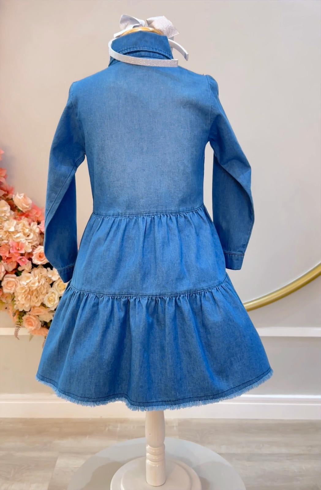 Vestido infantil Jeans Azul Com Bolsos Casual Luxo