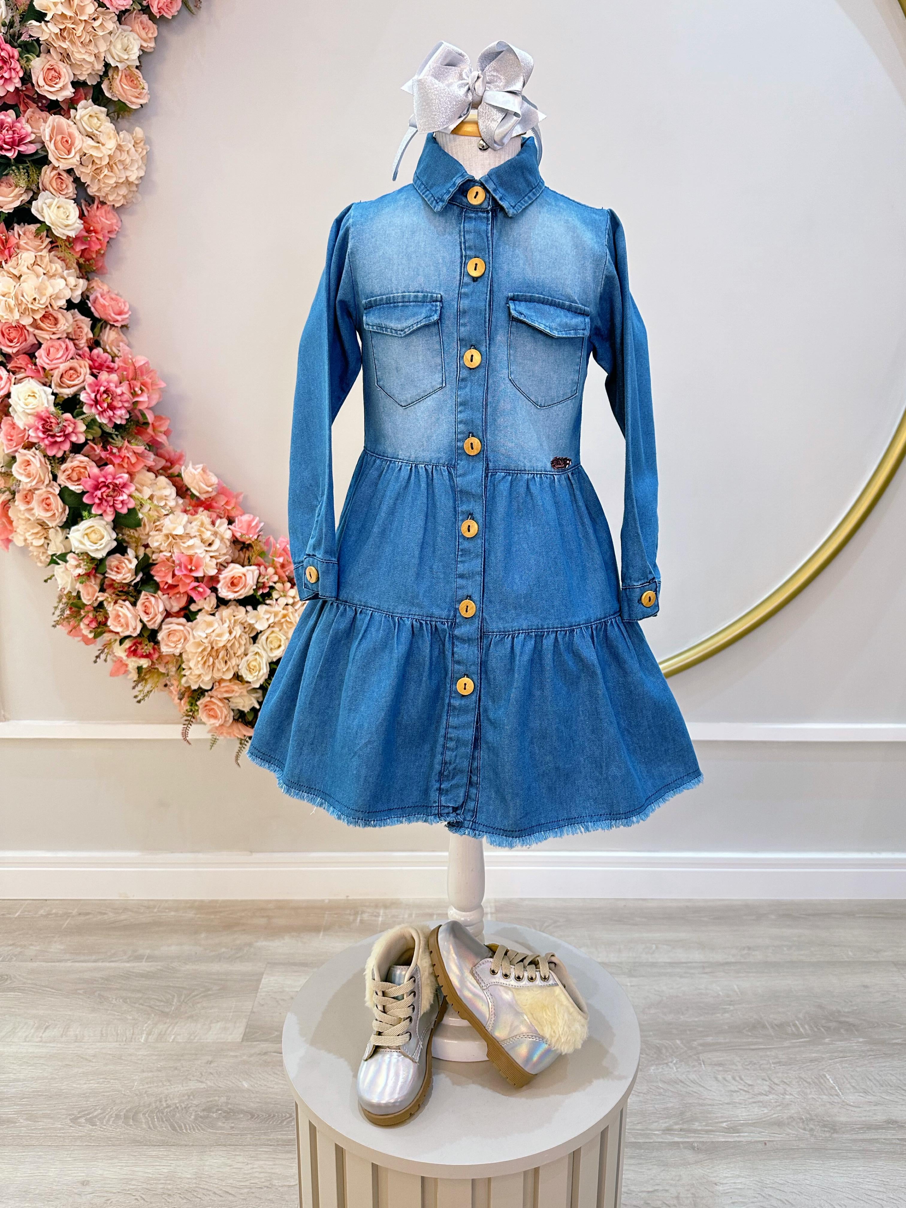 Vestido infantil Jeans Azul Com Bolsos Casual Luxo