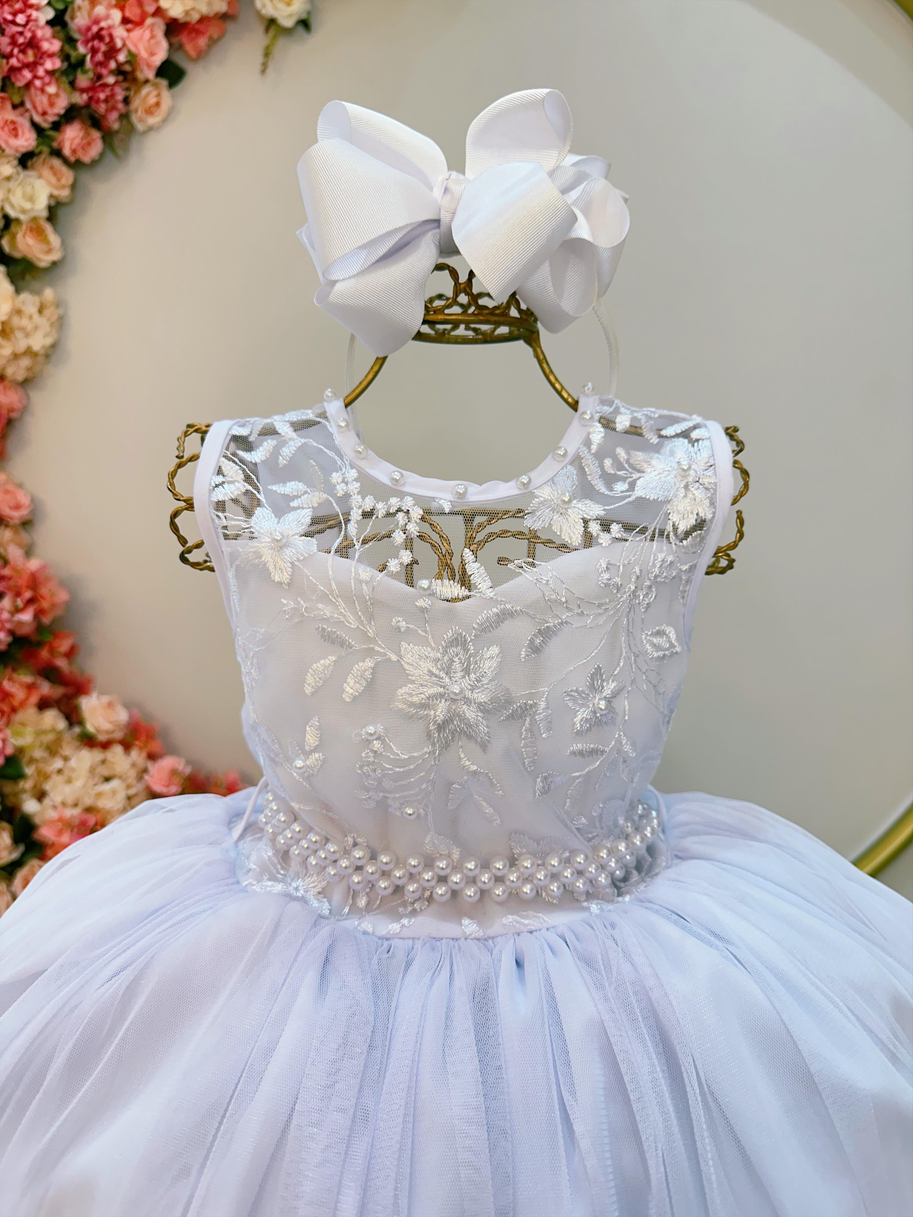 Vestido Infantil Branco C/ Renda e Cinto de Pérolas