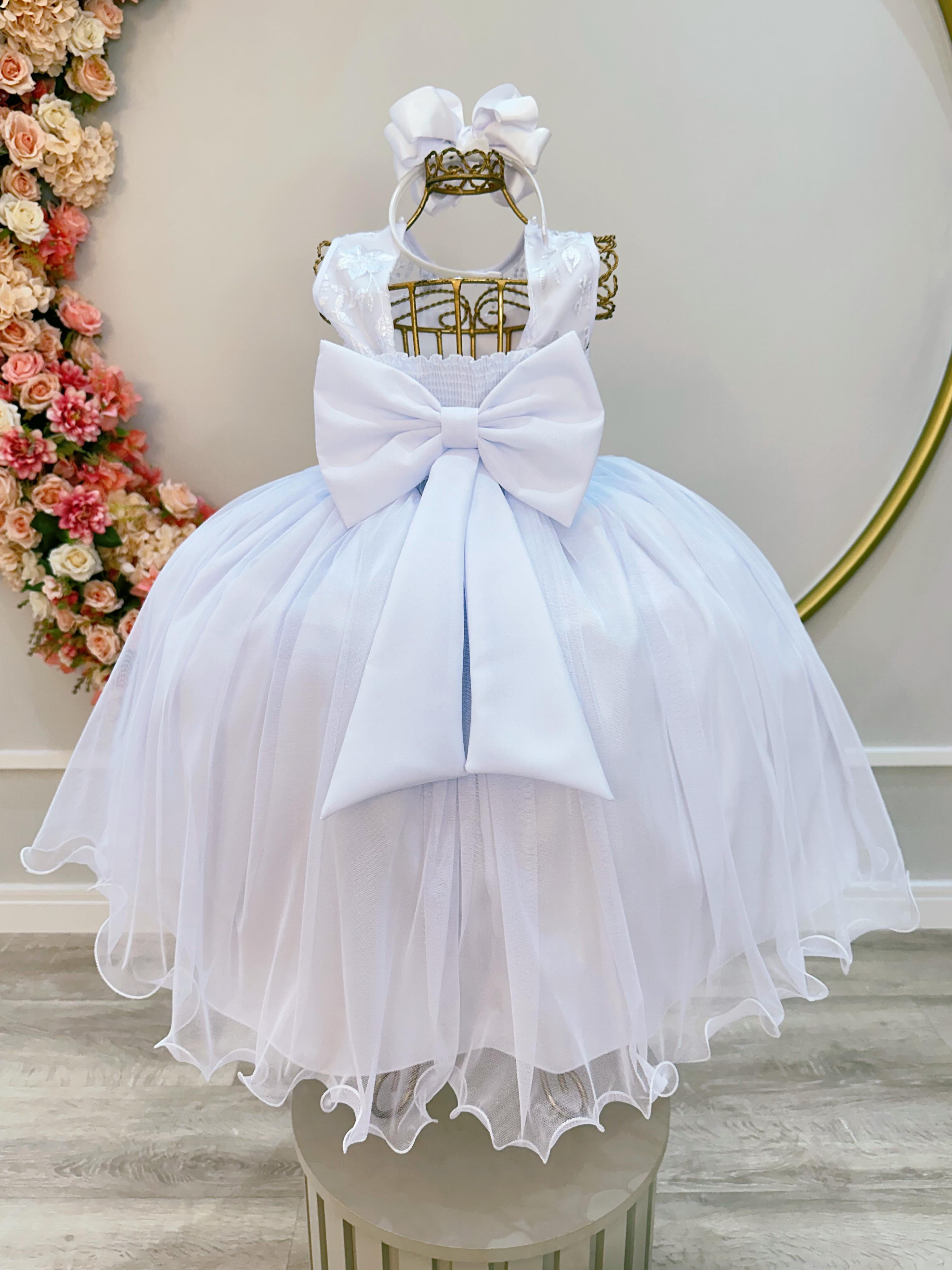 Vestido Infantil Branco C/ Renda e Cinto de Pérolas