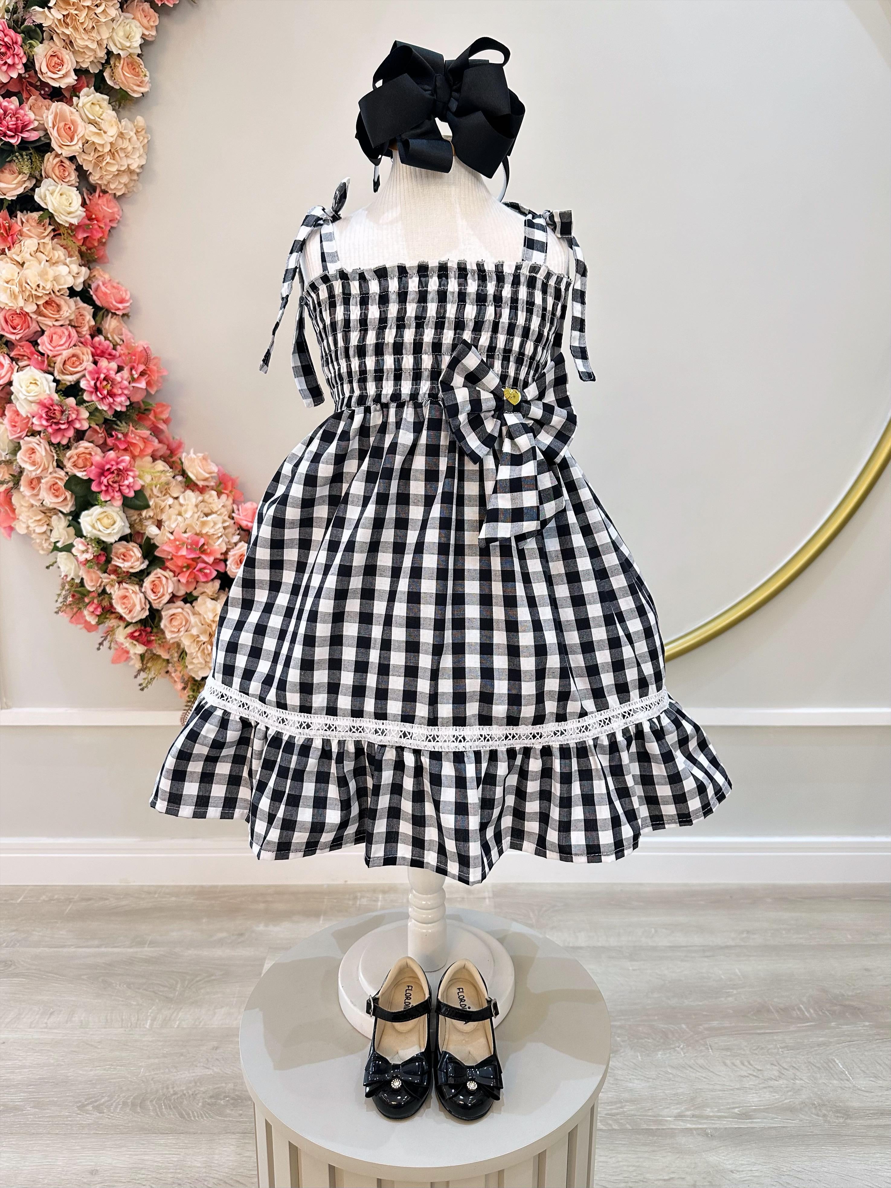 Vestido Infantil de Alça Xadrez Preto C/ Broche Casual Luxo