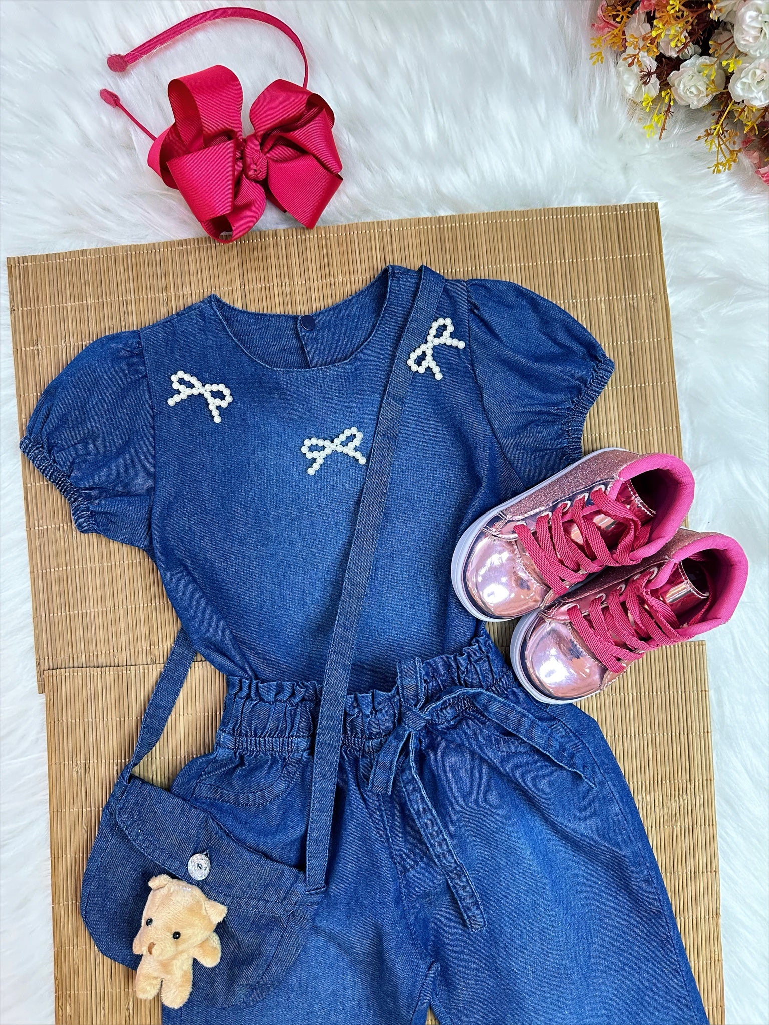 Conjunto infantil Jeans Azul C/ Blusa e Calça Bolsinha Casual