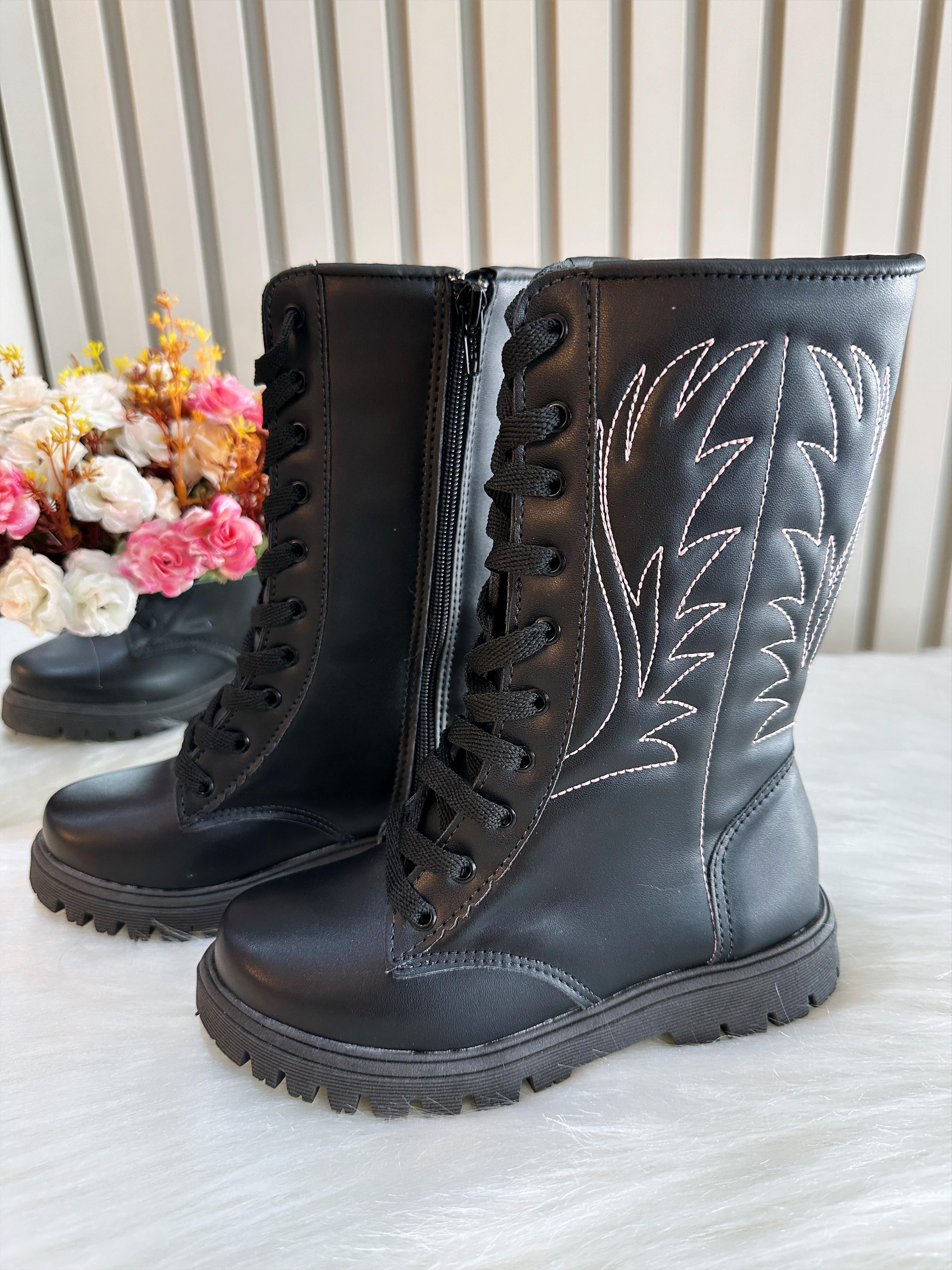 Bota Infantil Boiadeira Cano Alto Preto Cadarço e Zíper