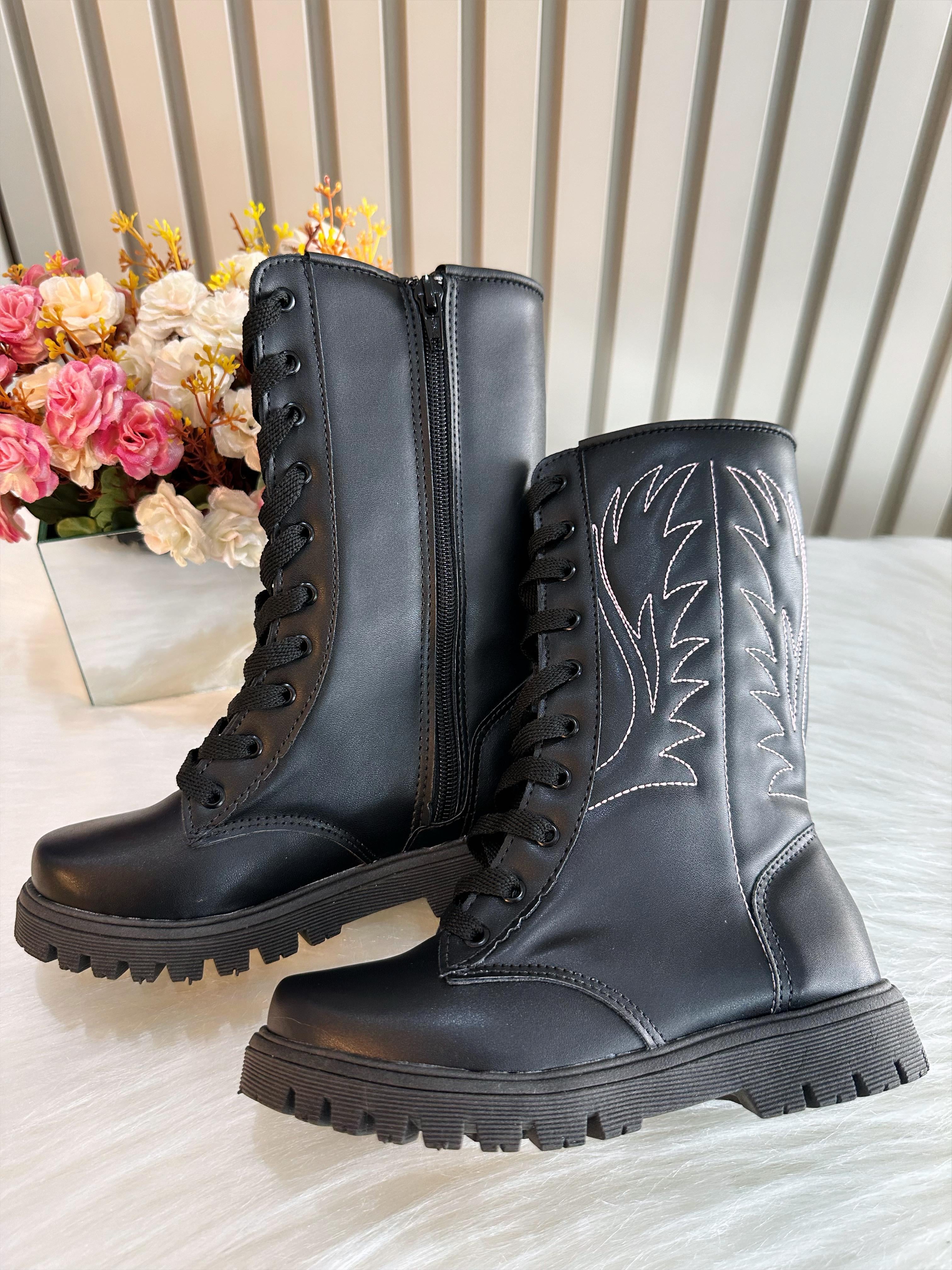 Bota Infantil Boiadeira Cano Alto Preto Cadarço e Zíper