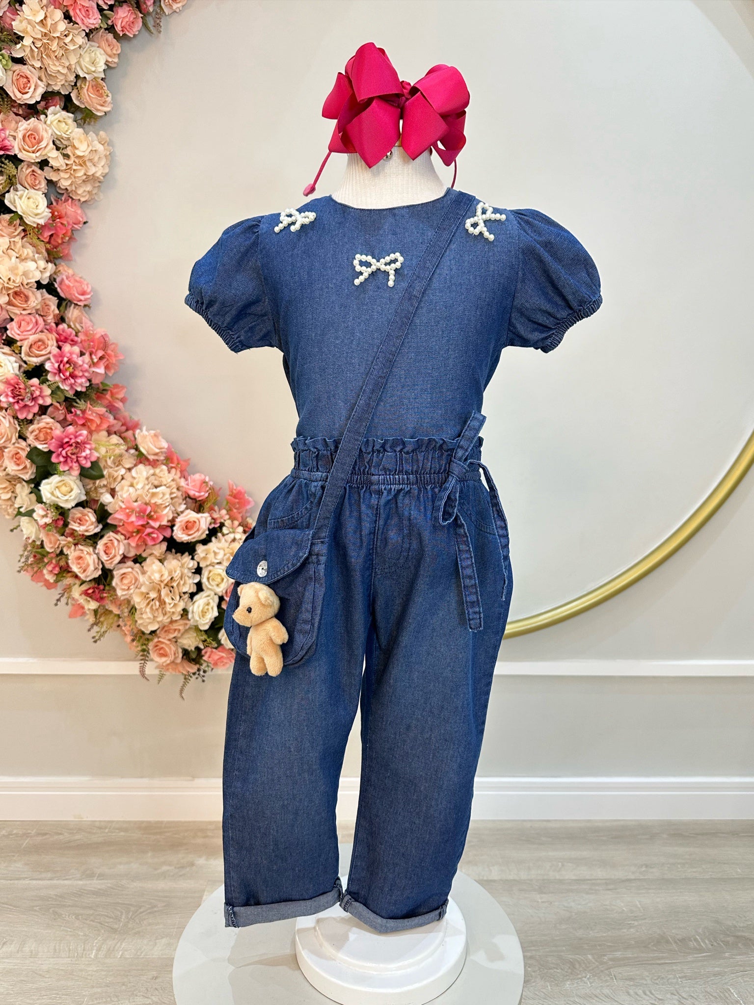 Conjunto infantil Jeans Azul C/ Blusa e Calça Bolsinha Casual