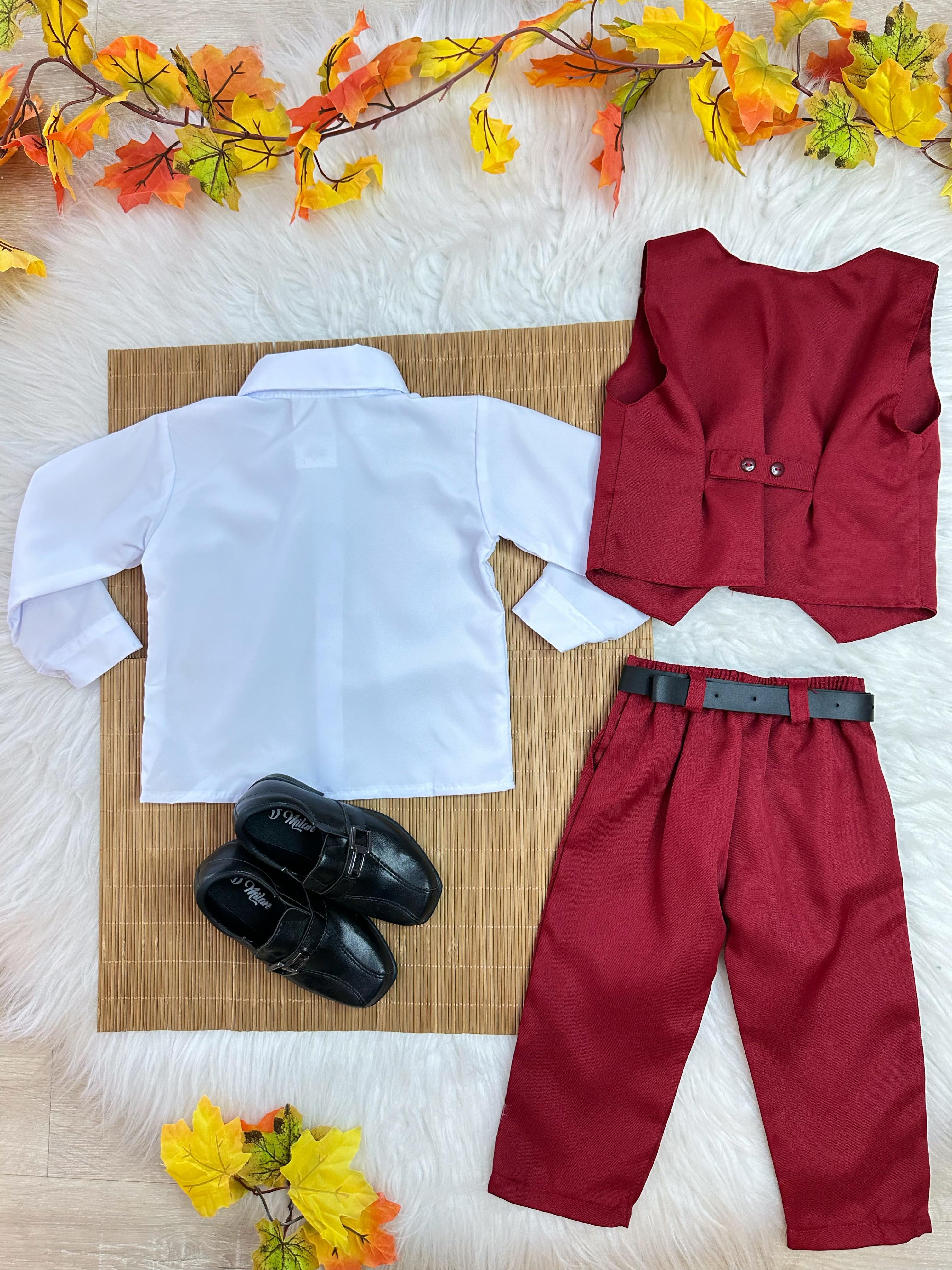 Conjunto Infantil Camisa Branca Calça Colete Gravata Marsala