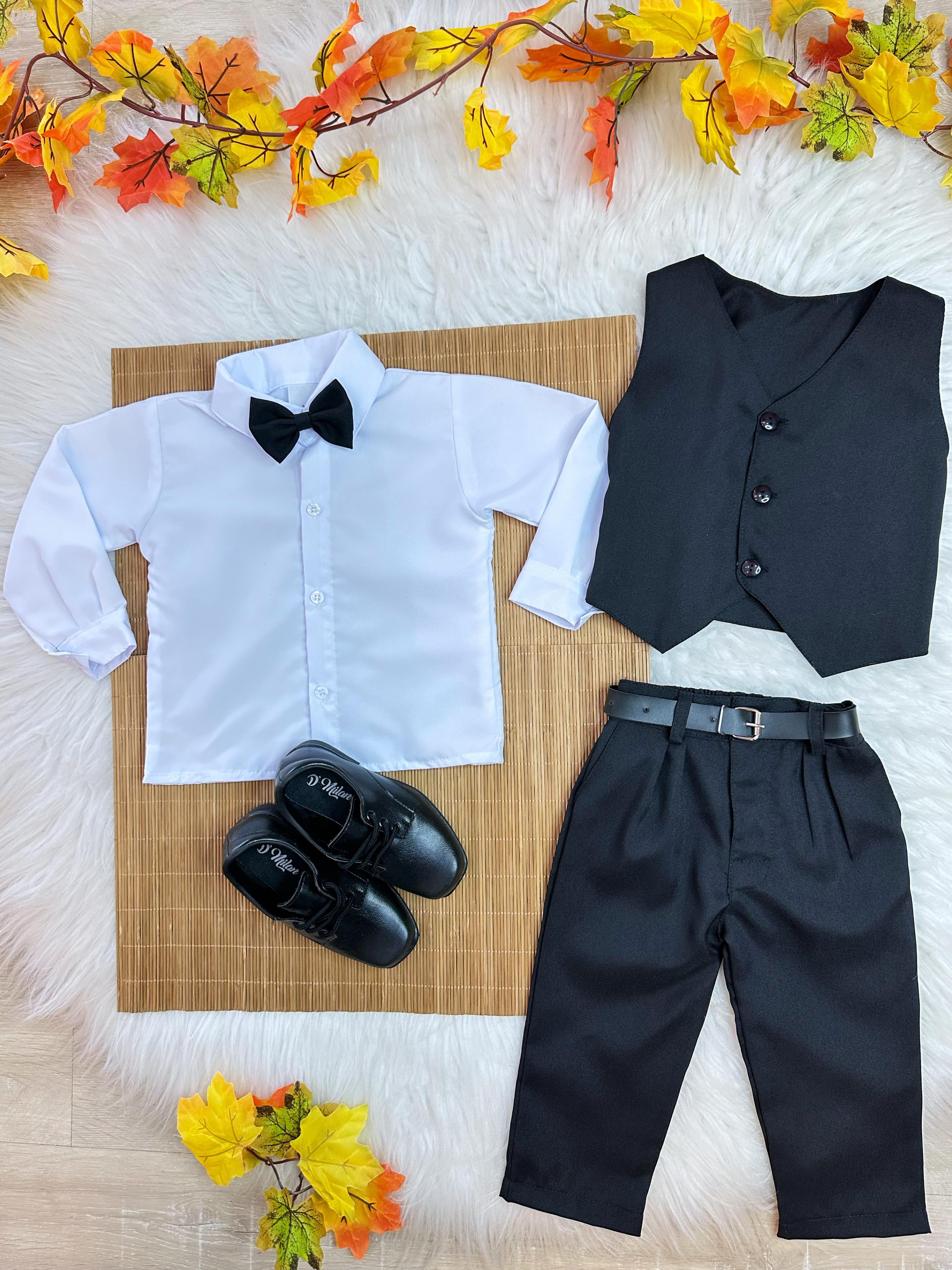 Conjunto Infantil Camisa Branca Calça Colete e Gravata Preto