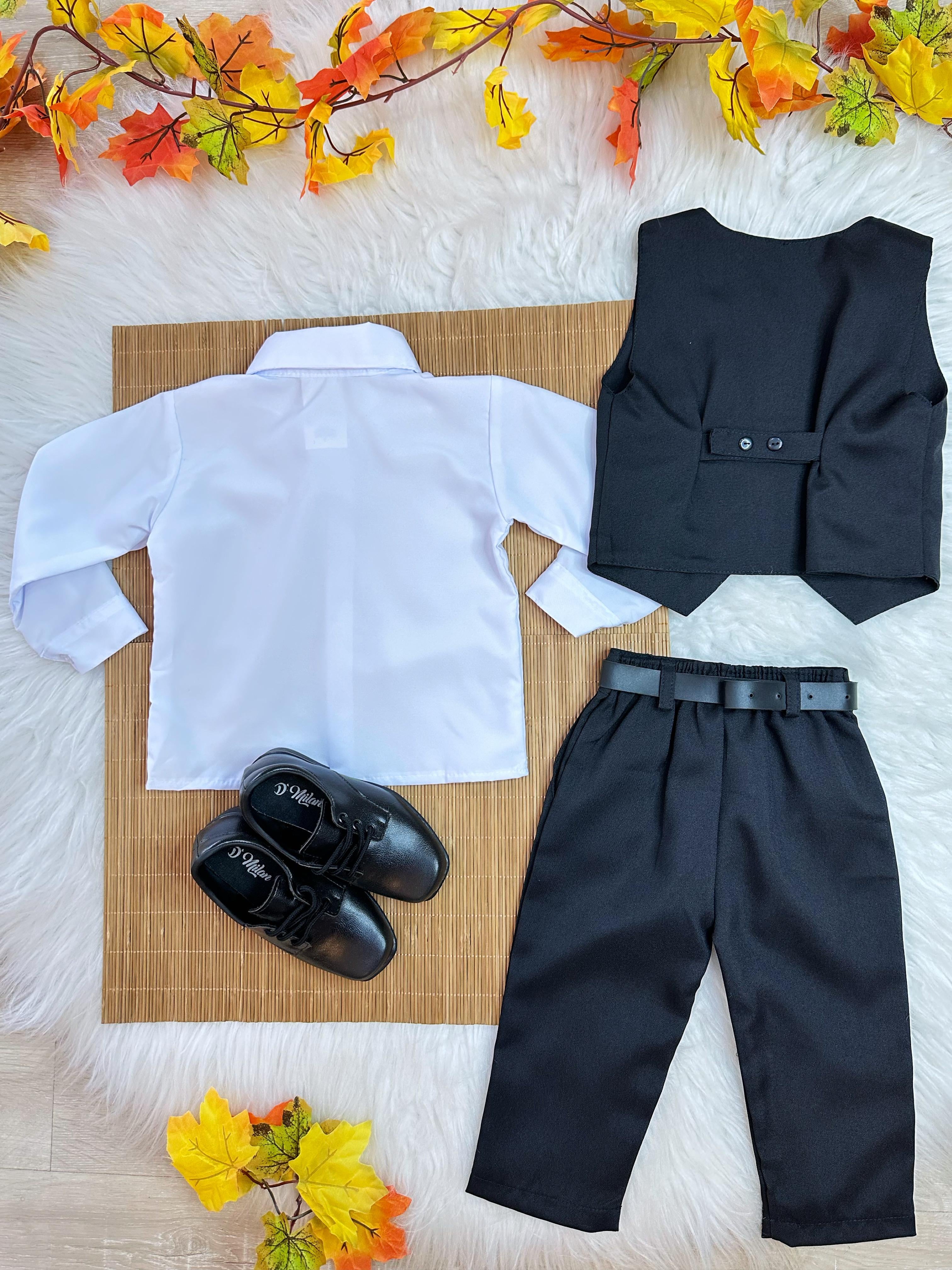 Conjunto Infantil Camisa Branca Calça Colete e Gravata Preto