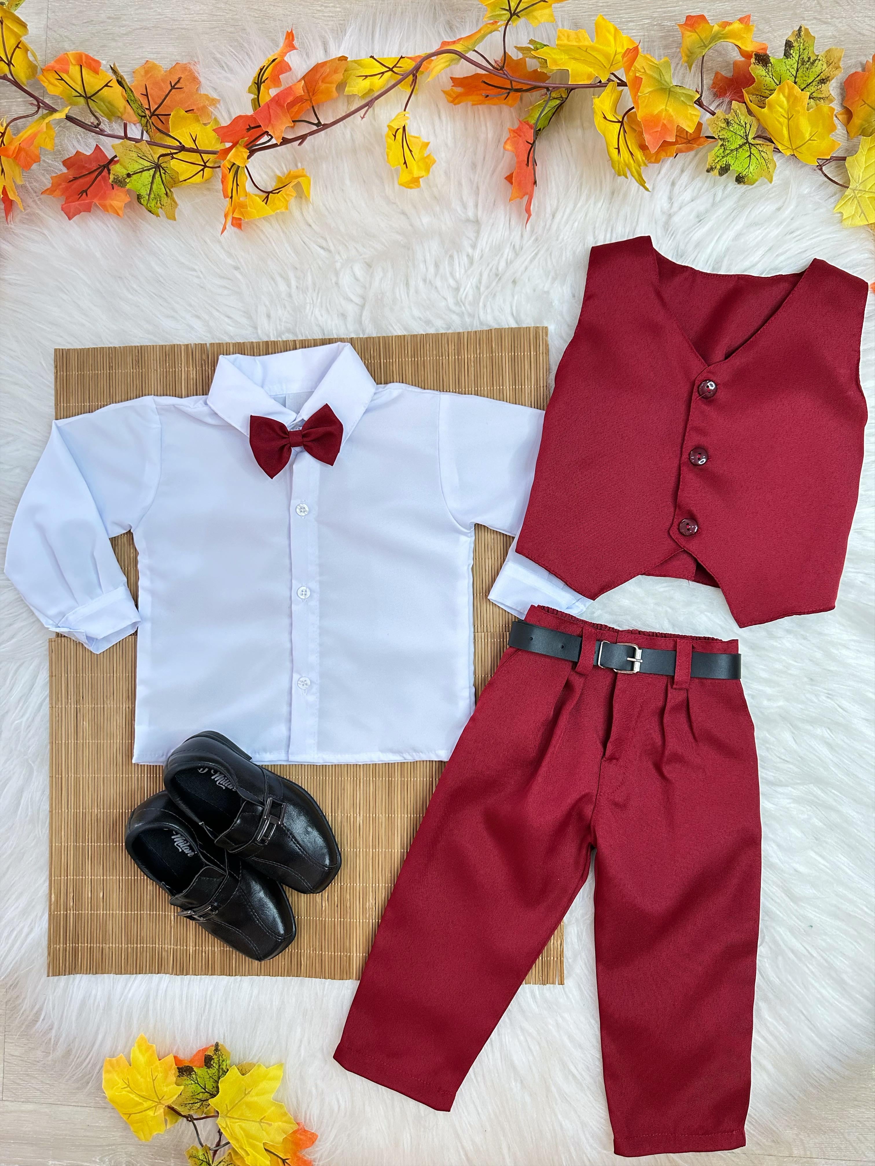Conjunto Infantil Camisa Branca Calça Colete Gravata Marsala