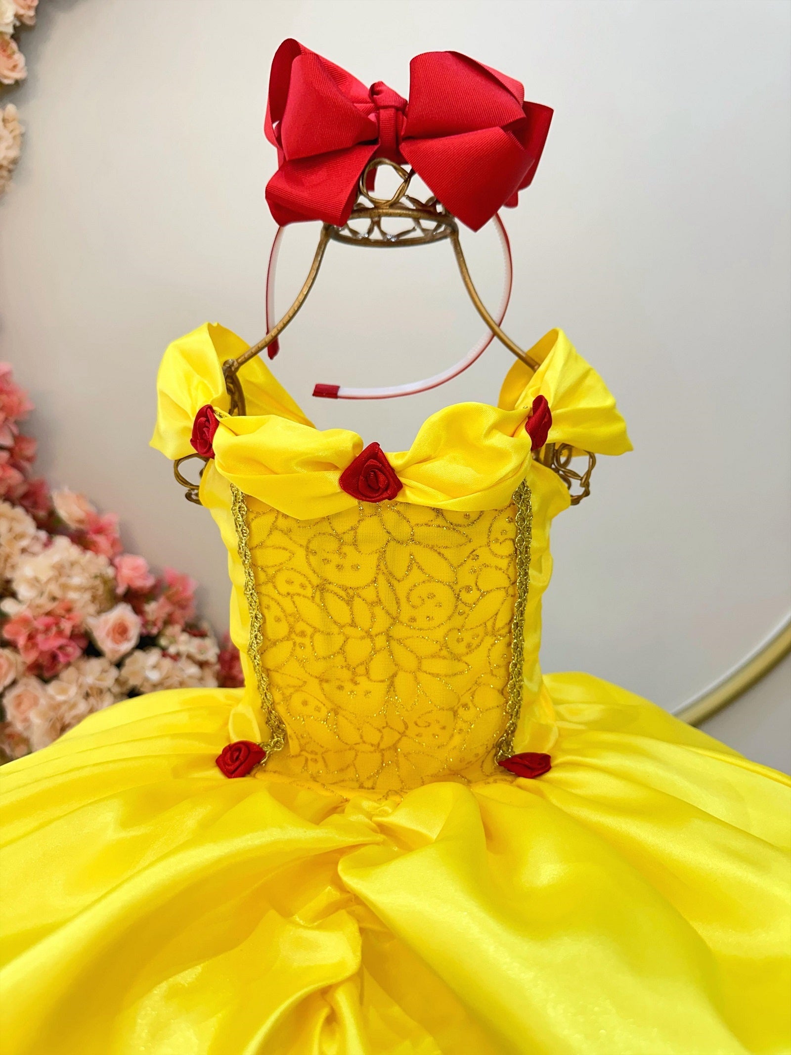 Fantasia Infantil Bela e a Fera Amarelo Com Renda Dourada