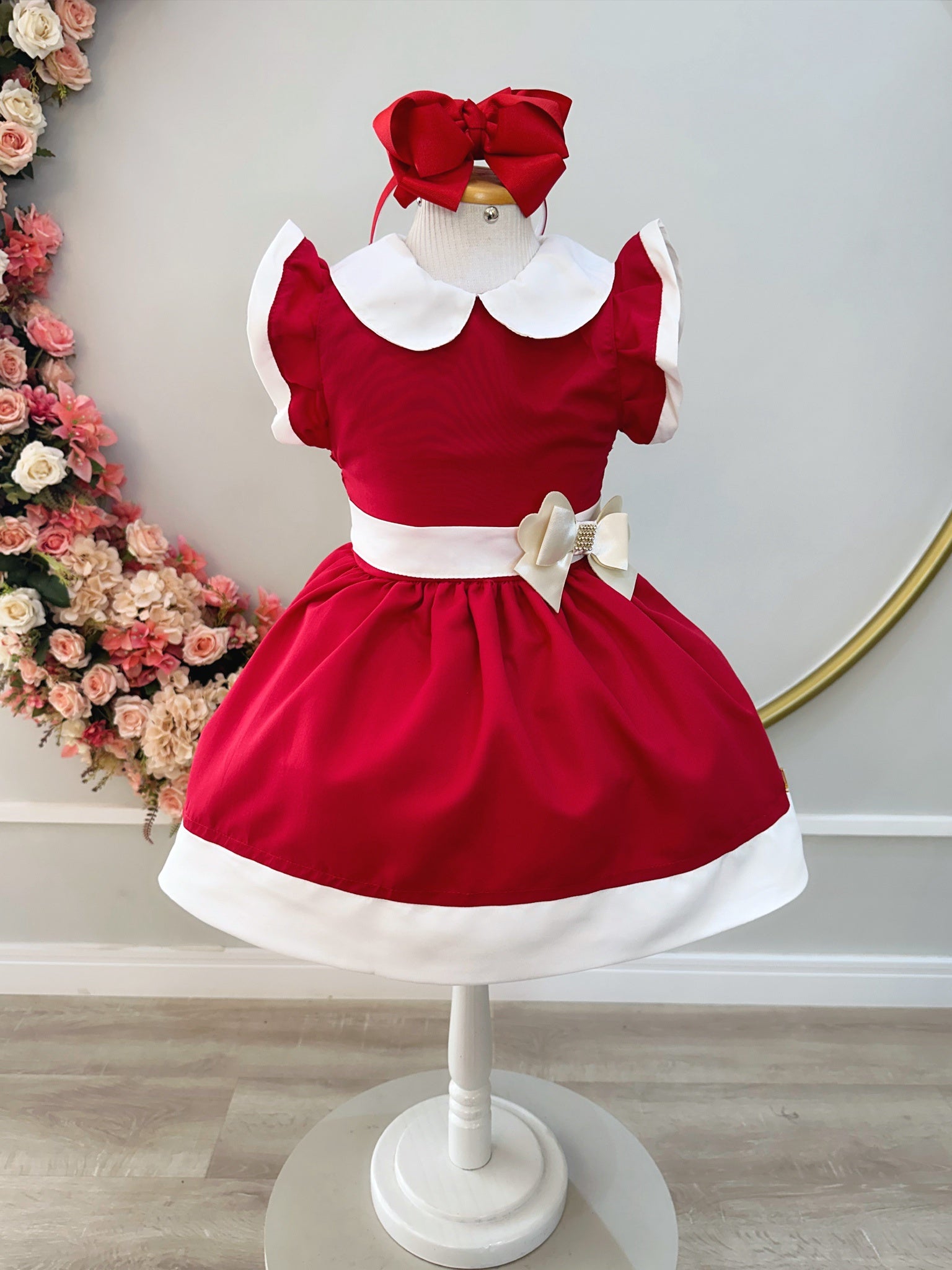 Vestido Infantil Vermelho Gola Gôde C/ Broche Luxo Daminha (0161VM)