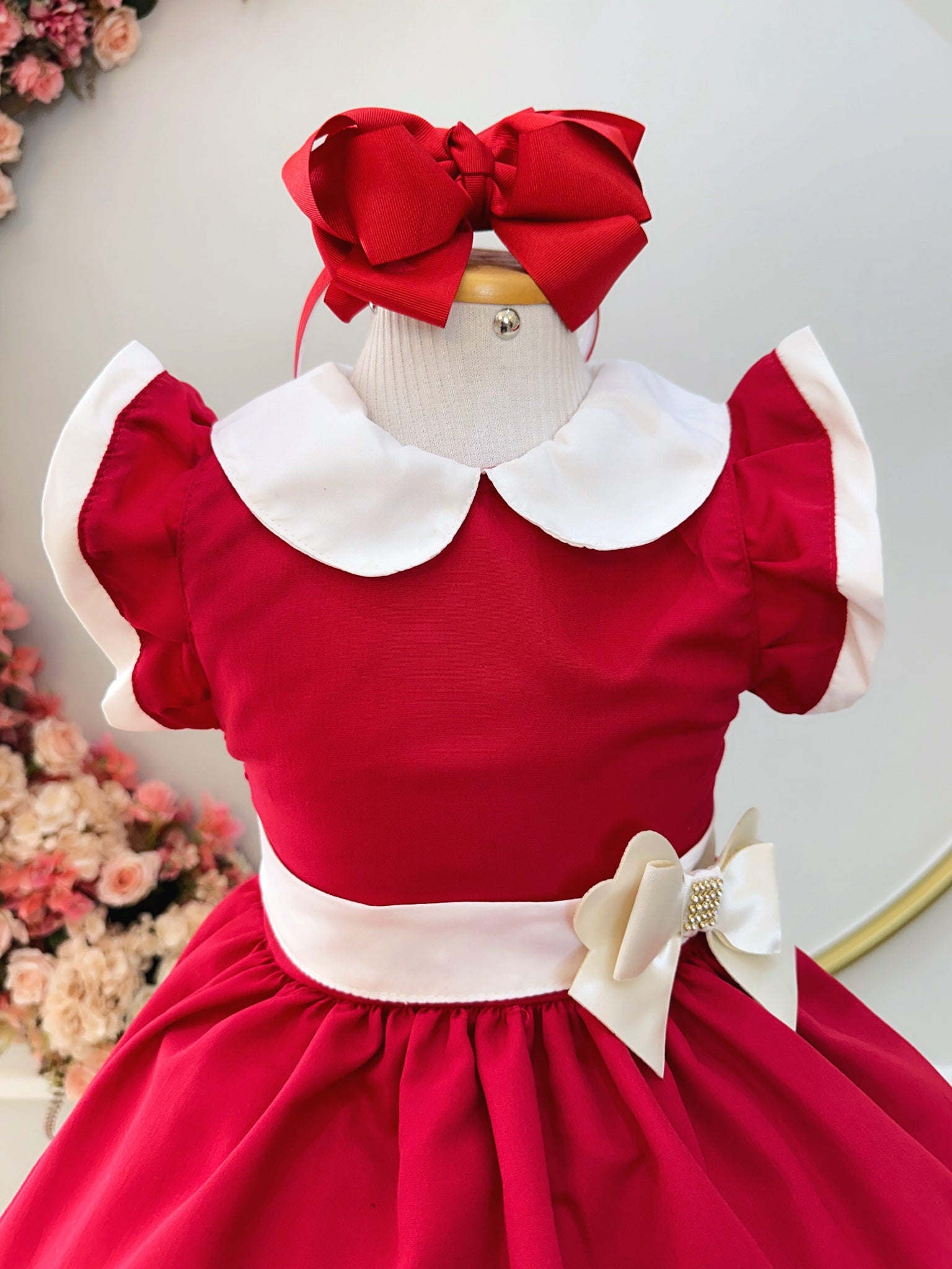 Vestido Infantil Vermelho Gola Gôde C/ Broche Luxo Daminha (0161VM)